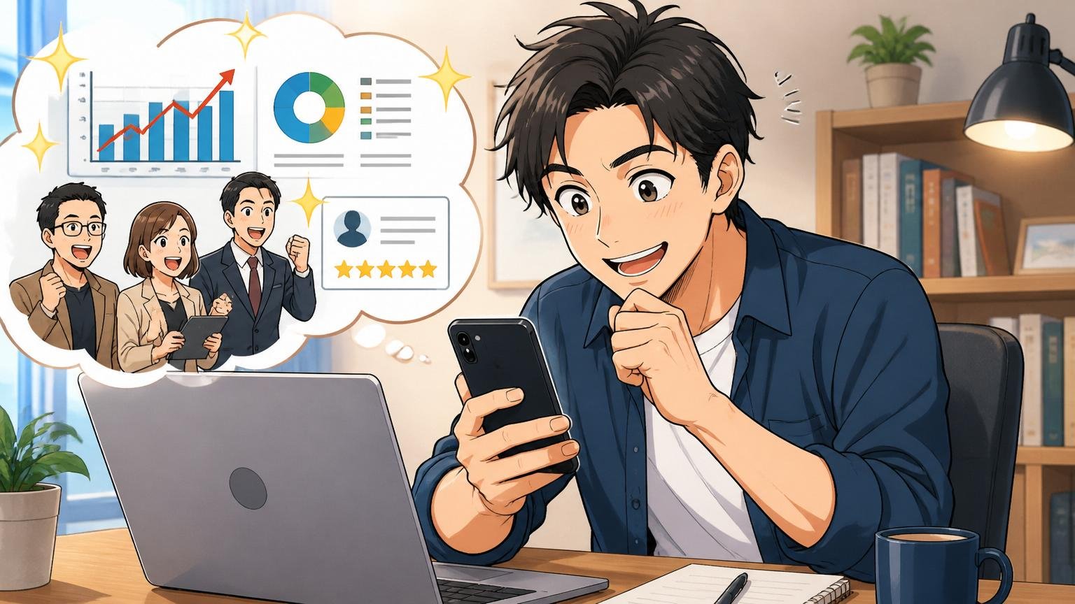 市場価値の可視化からスタートする30代コンサル、自宅のデスクでスマホで無料相談を予約する前向きな表情