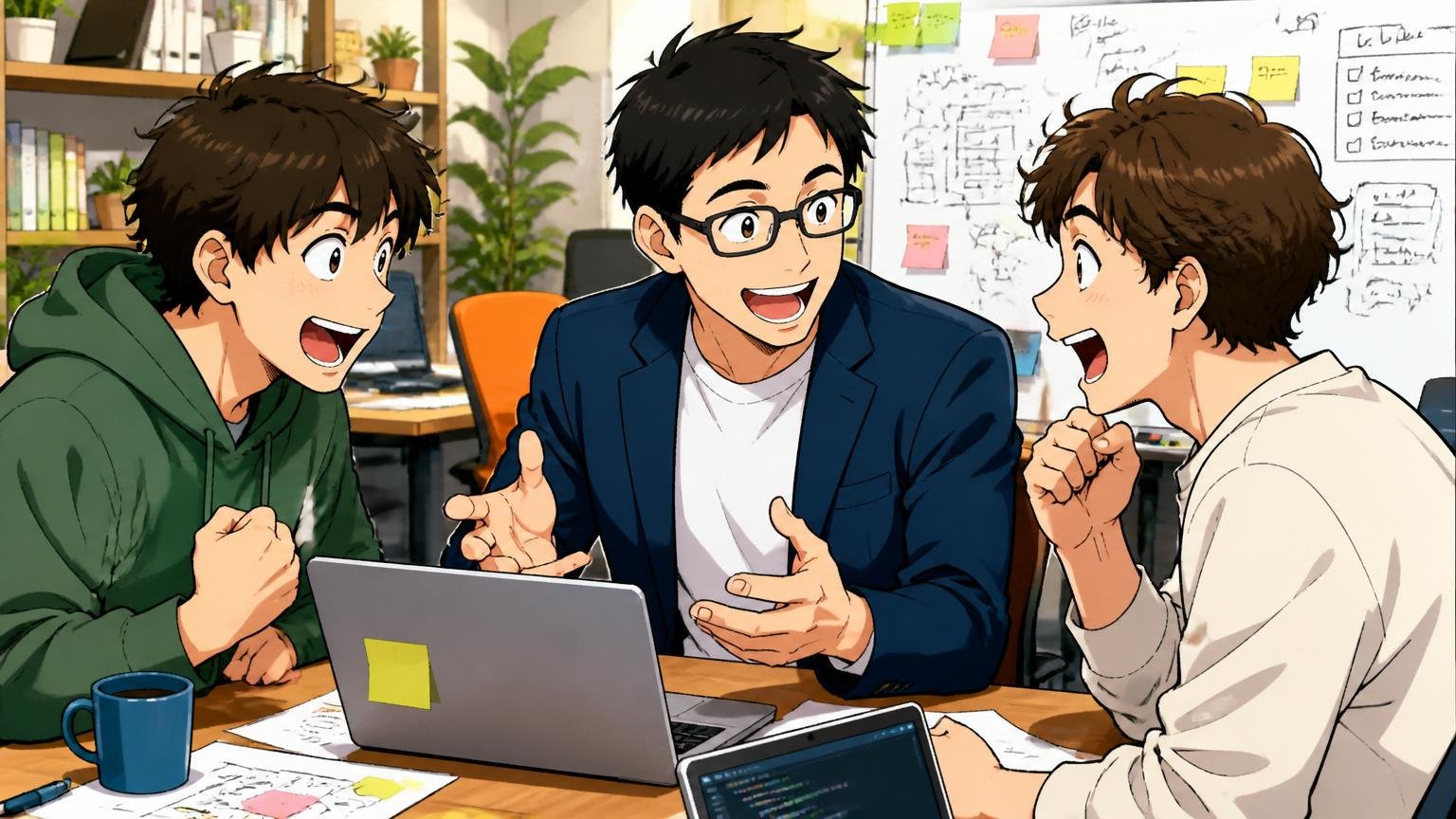 Web系スタートアップのオフィスで金融系出身エンジニア1人が新しい仲間2人と笑顔で打ち合わせ