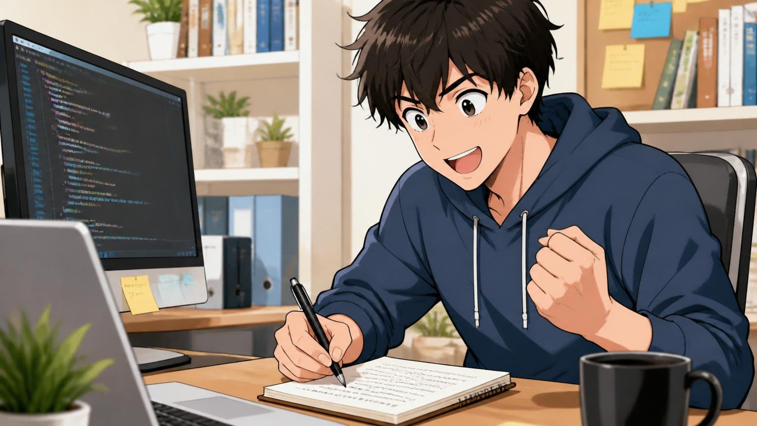 情報収集だけでも意味がある。自宅デスクで納得の表情を浮かべる20代エンジニアがメモを取る