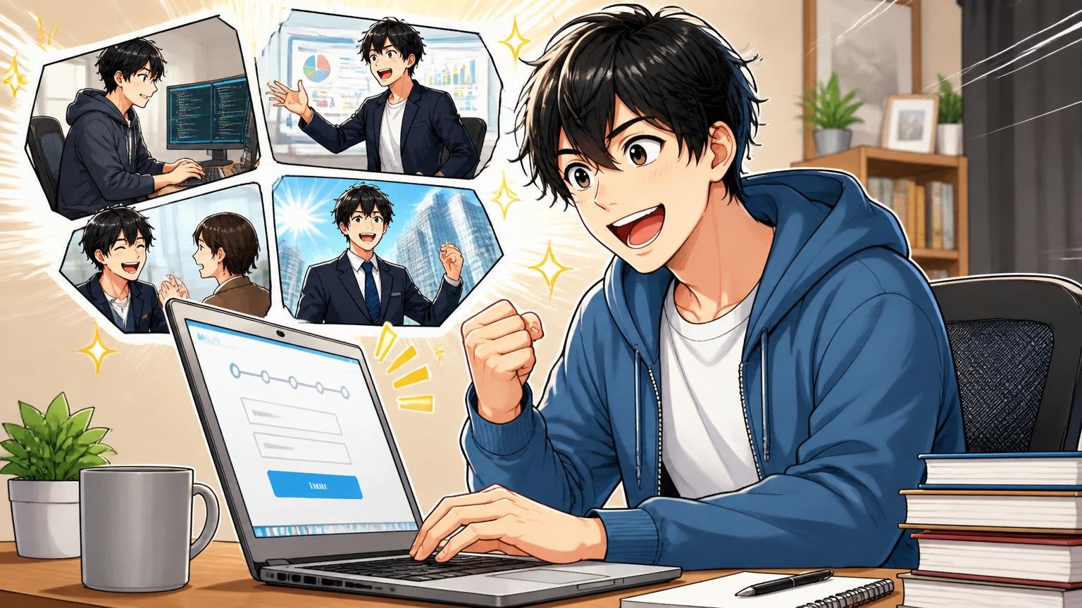 自宅のデスクで転職エージェントへの無料相談を申し込み前向きな第一歩を踏み出すエンジニア