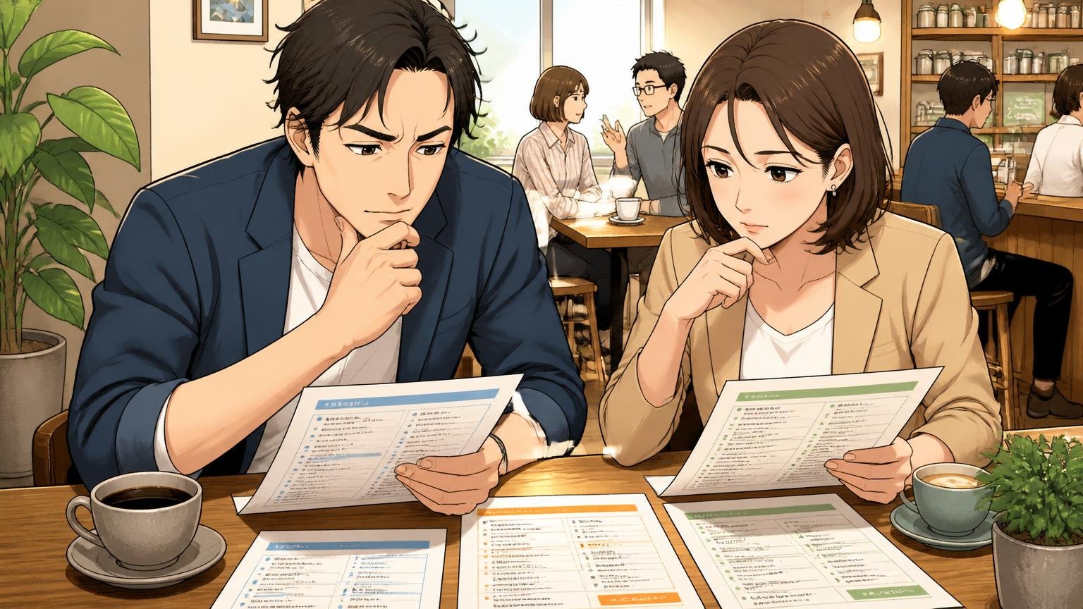 ステップ3複数の選択肢を比べてから判断する カフェで複数の求人票を並べて見比べ落ち着いた表情の30代男女2人