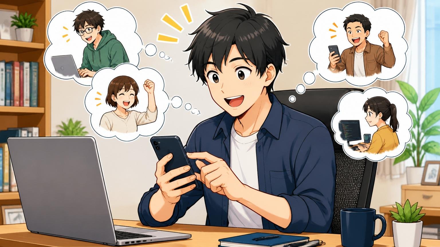 辞めなくてもできる無料相談・情報収集から始めよう。自宅のデスクで男性エンジニアが前向きな表情でスマホを操作する