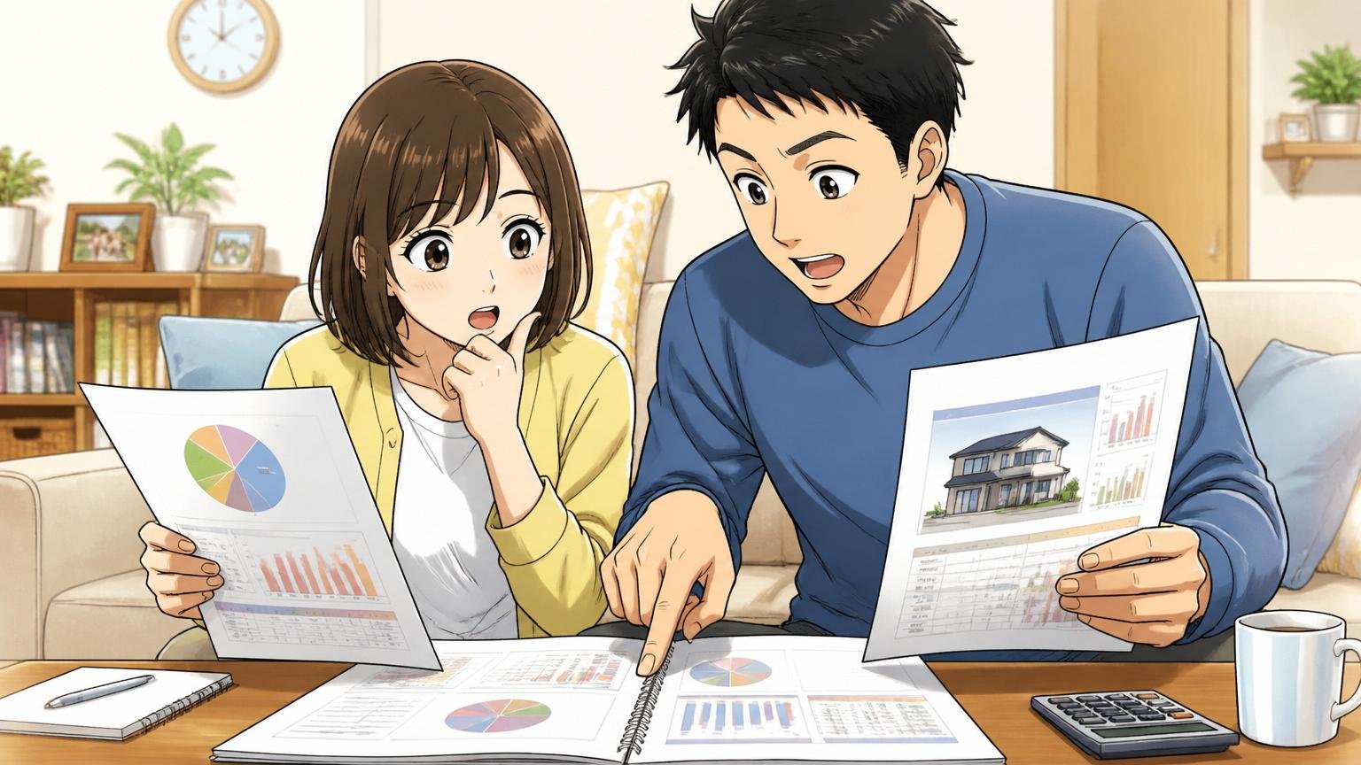 残るケース③ライフイベントで安定を優先したい時期。自宅のリビングで、30代女性社員と30代男性パートナーが家計とライフプランの資料を一緒に見ている