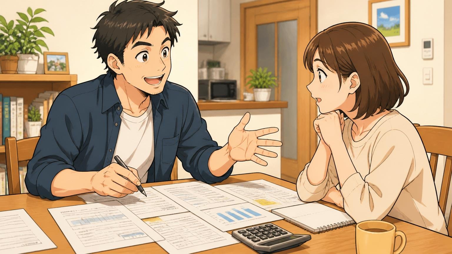 自宅のダイニングでパートナーと向き合って転職計画を説明する30代エンジニア1人、書類と電卓を広げて穏やかな雰囲気