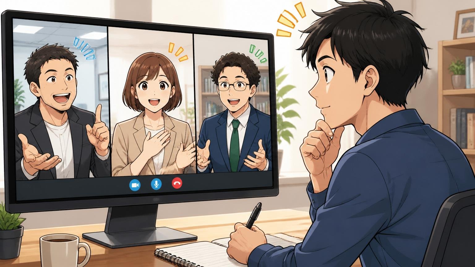 ステップ3:複数エージェントの初回面談を受けて比較する。30代男性が3社のエージェントとオンライン面談している様子を比較しながら検討する