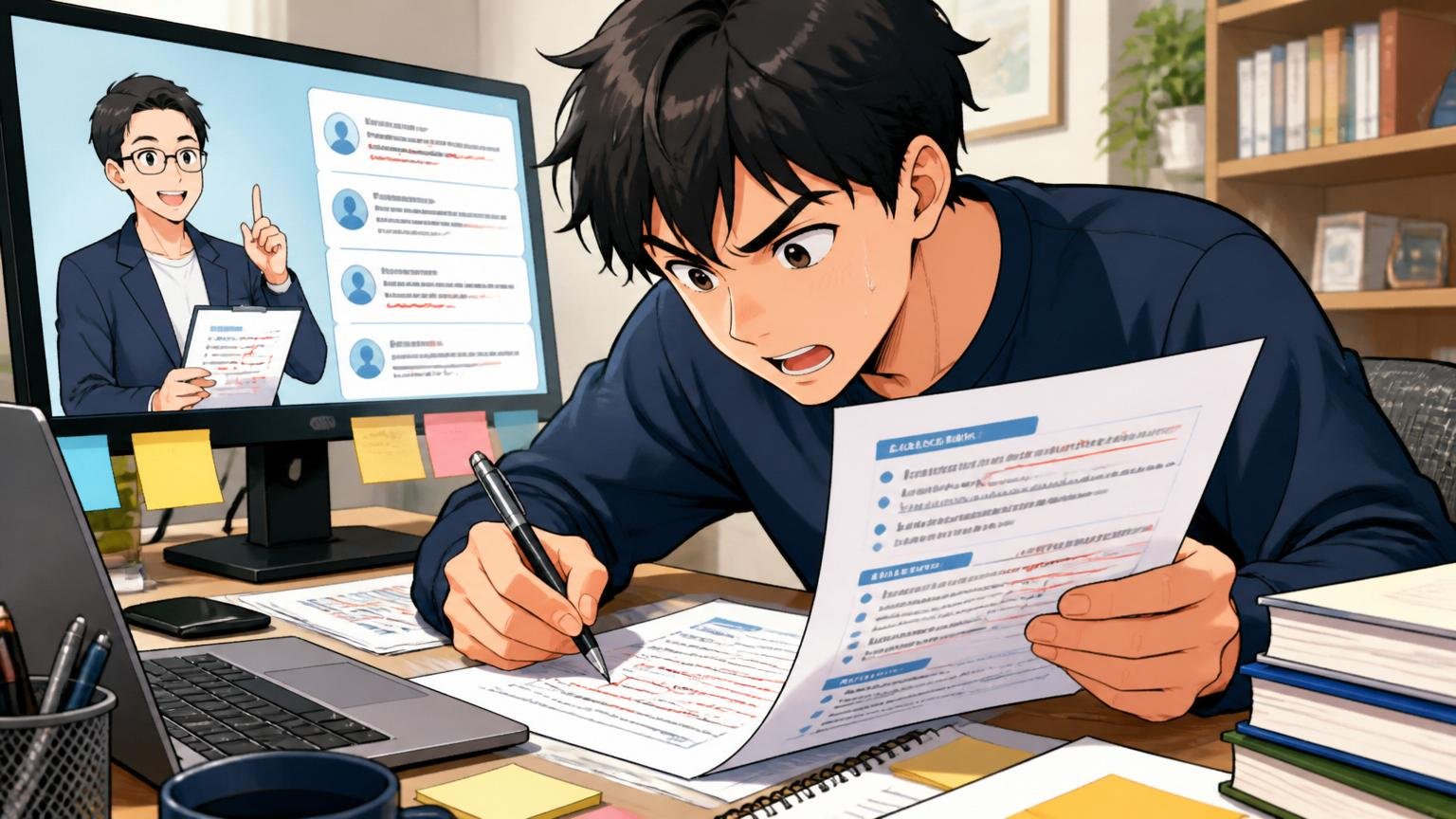 自宅のデスクで在宅勤務しながらエージェントの添削メモを見ながら職務経歴書を書き直すエンジニア