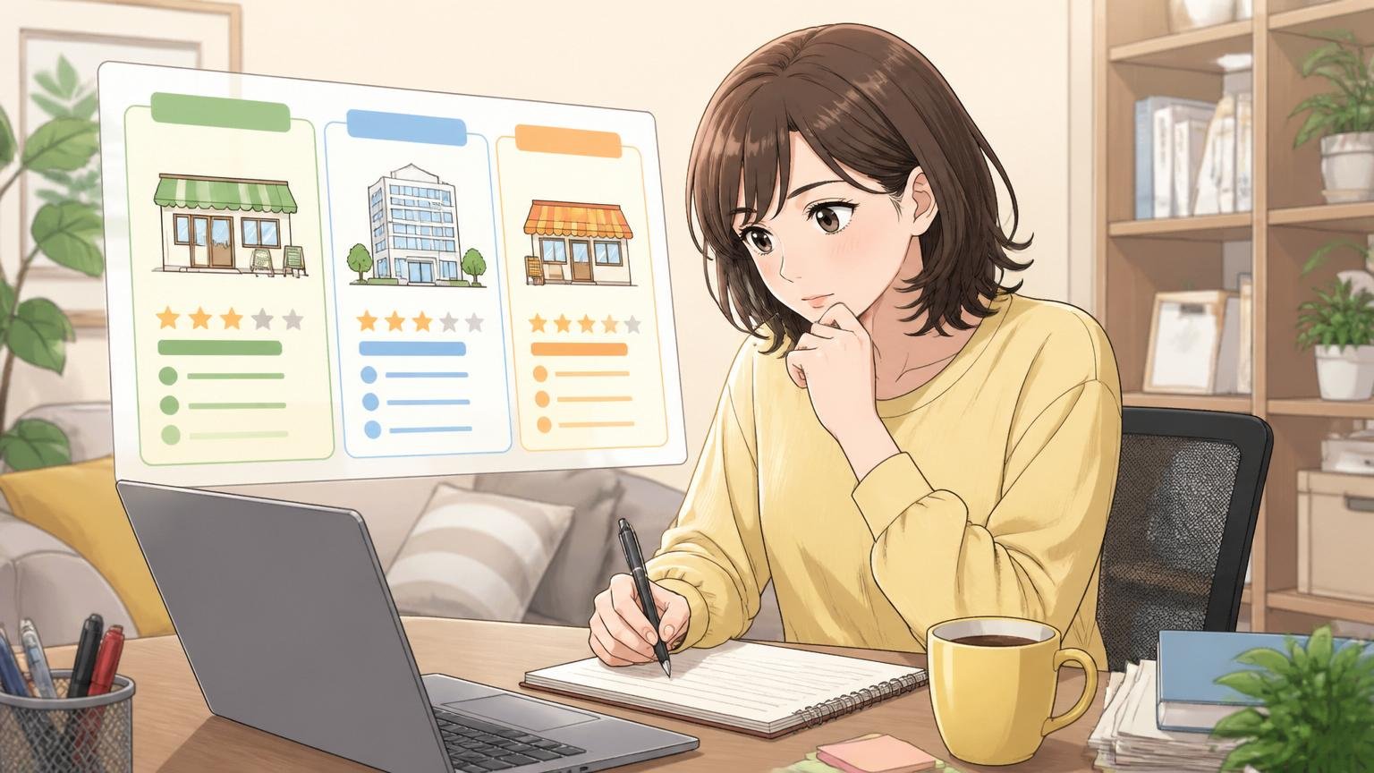3つの業態を比較する図を眺める転職検討者の自宅のデスクで在宅勤務、30代女性1人、メモを取りながら考える表情