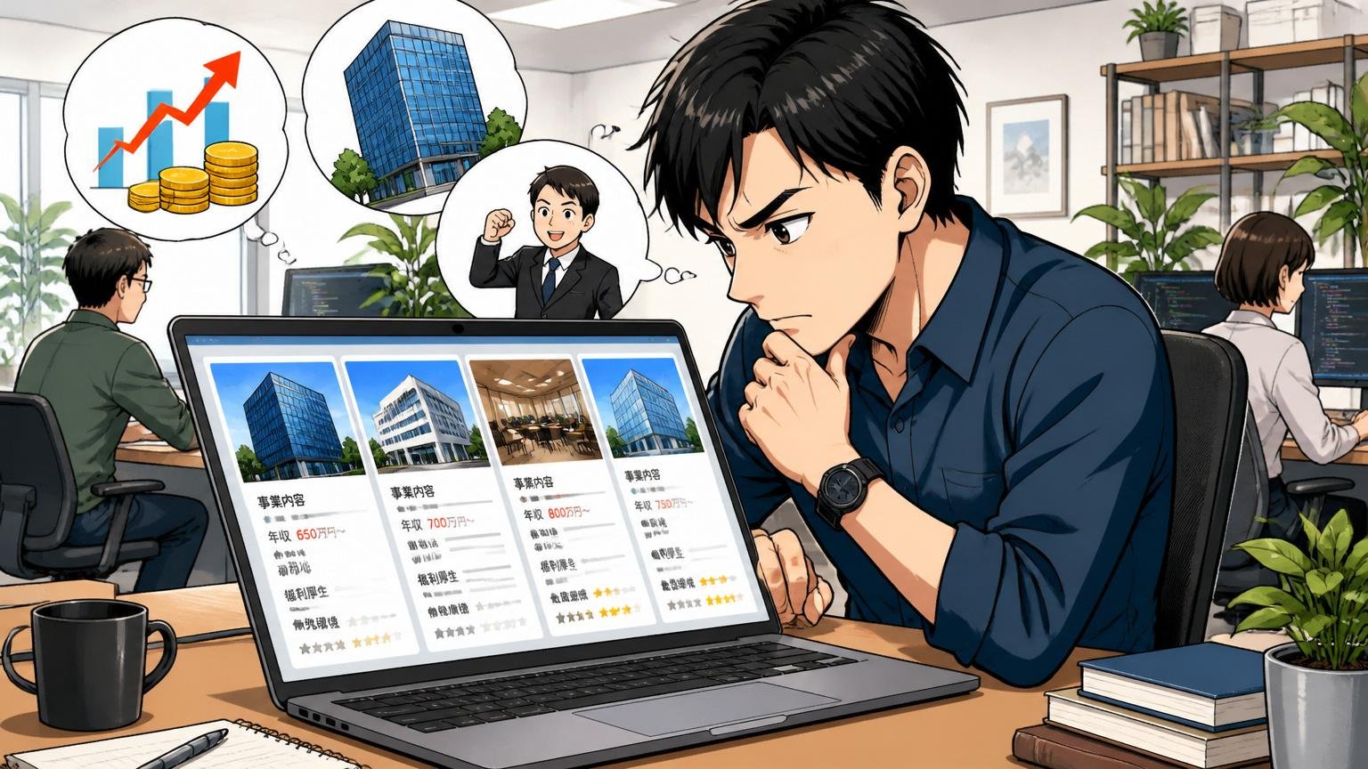 Q：年収を上げて転職するなら、どこを比較すべきですか？。Web系企業のオフィスで30代男性エンジニアがノートPC画面に複数社の求人を並べて検討する集中した様子