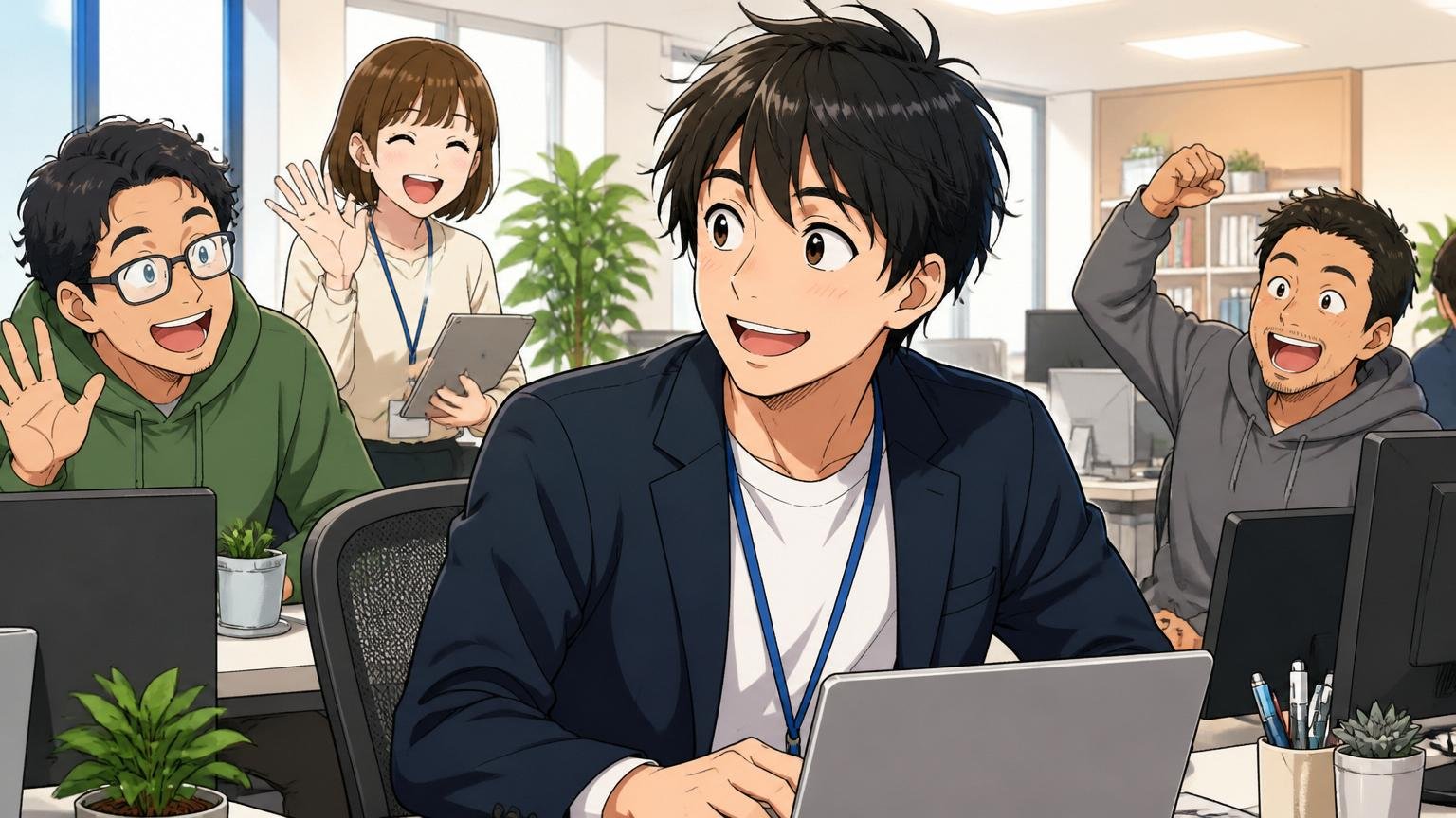 Web系スタートアップのオフィスで新しい環境に馴染む30代男性転職経験者1人