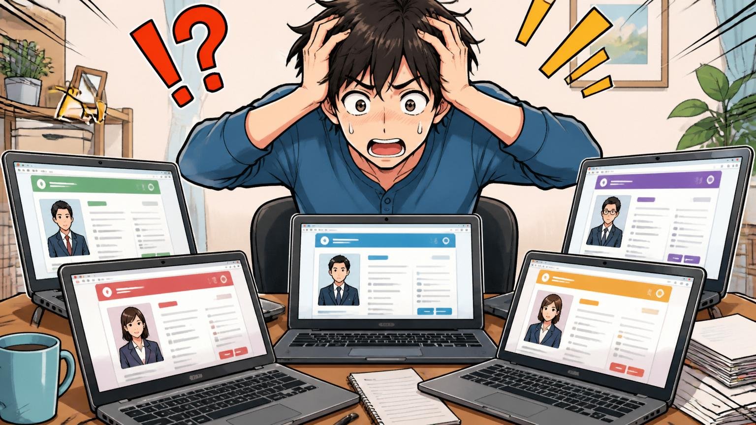 転職エージェントは何社使えばいい？自宅のデスクで複数のエージェントサイトを並行で開く転職希望者1名