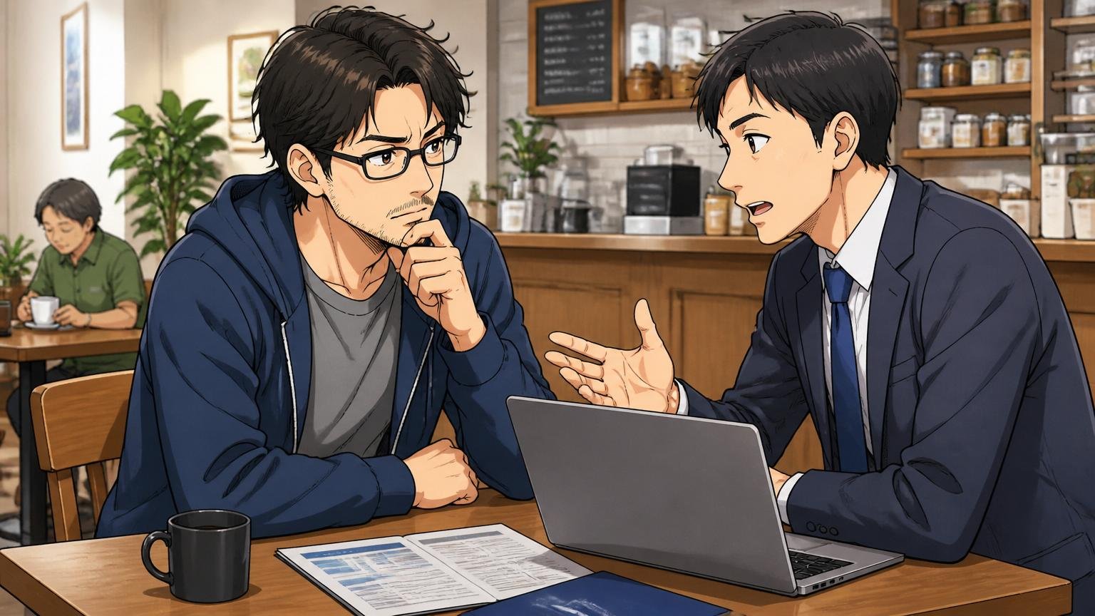 カフェで30代後半の男性エンジニアが転職エージェントと真剣に話す
