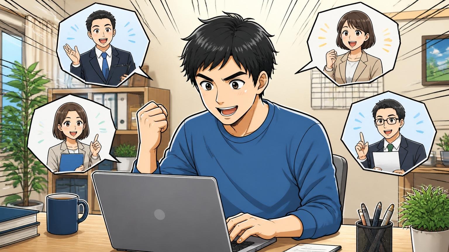 自宅のデスクで前向きな表情で複数の転職エージェントに登録を始める30代男性1人