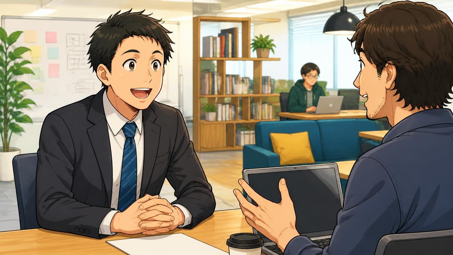 Web系スタートアップのオフィスでカジュアル面談を受ける30代の日立システムズ社員