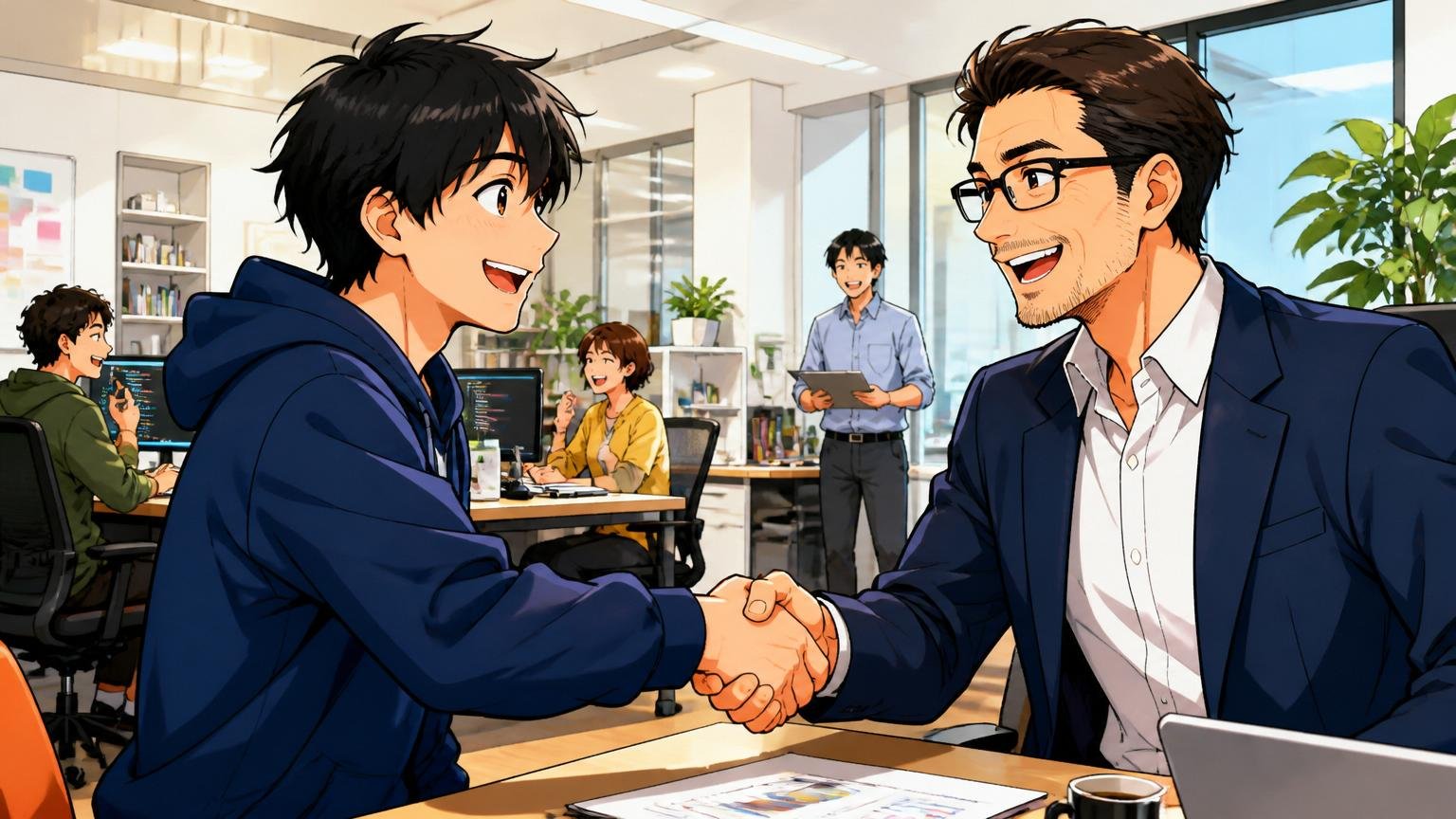 Web系スタートアップのオフィスでプロのキャリアアドバイザーと握手する30代男性エンジニア1人と笑顔の40代男性アドバイザー1人