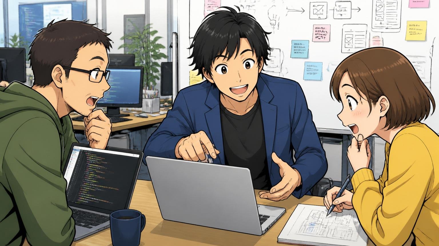 Web系スタートアップのオフィスで前職を活かして転職した30代エンジニアが新しい同僚2人と打ち合わせ