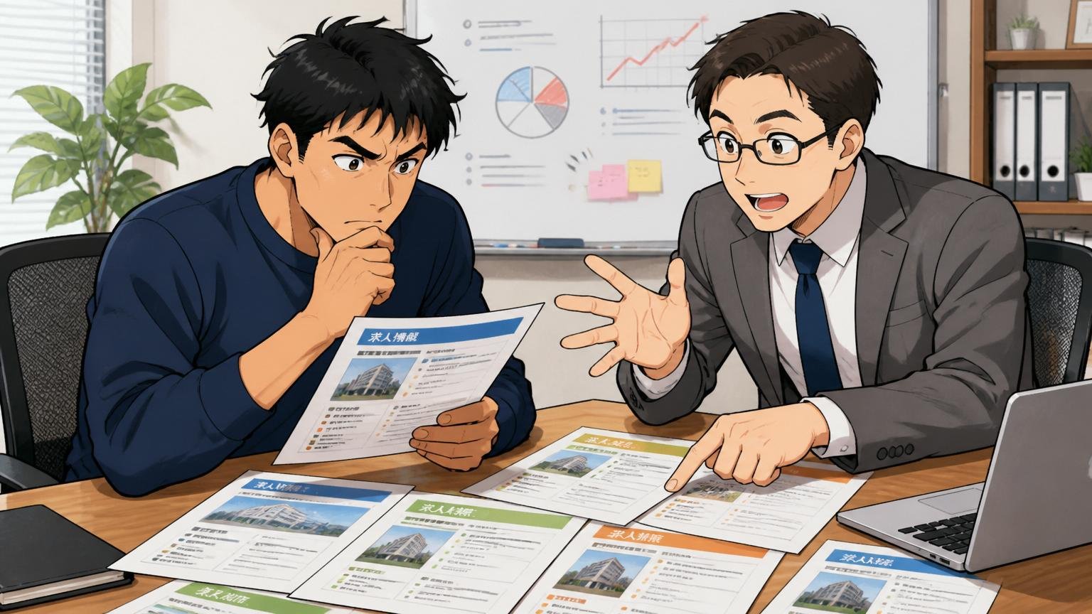 企業の会議室で複数の求人票を広げ転職先候補を検討する30代男性エンジニア1人とエージェント担当1人