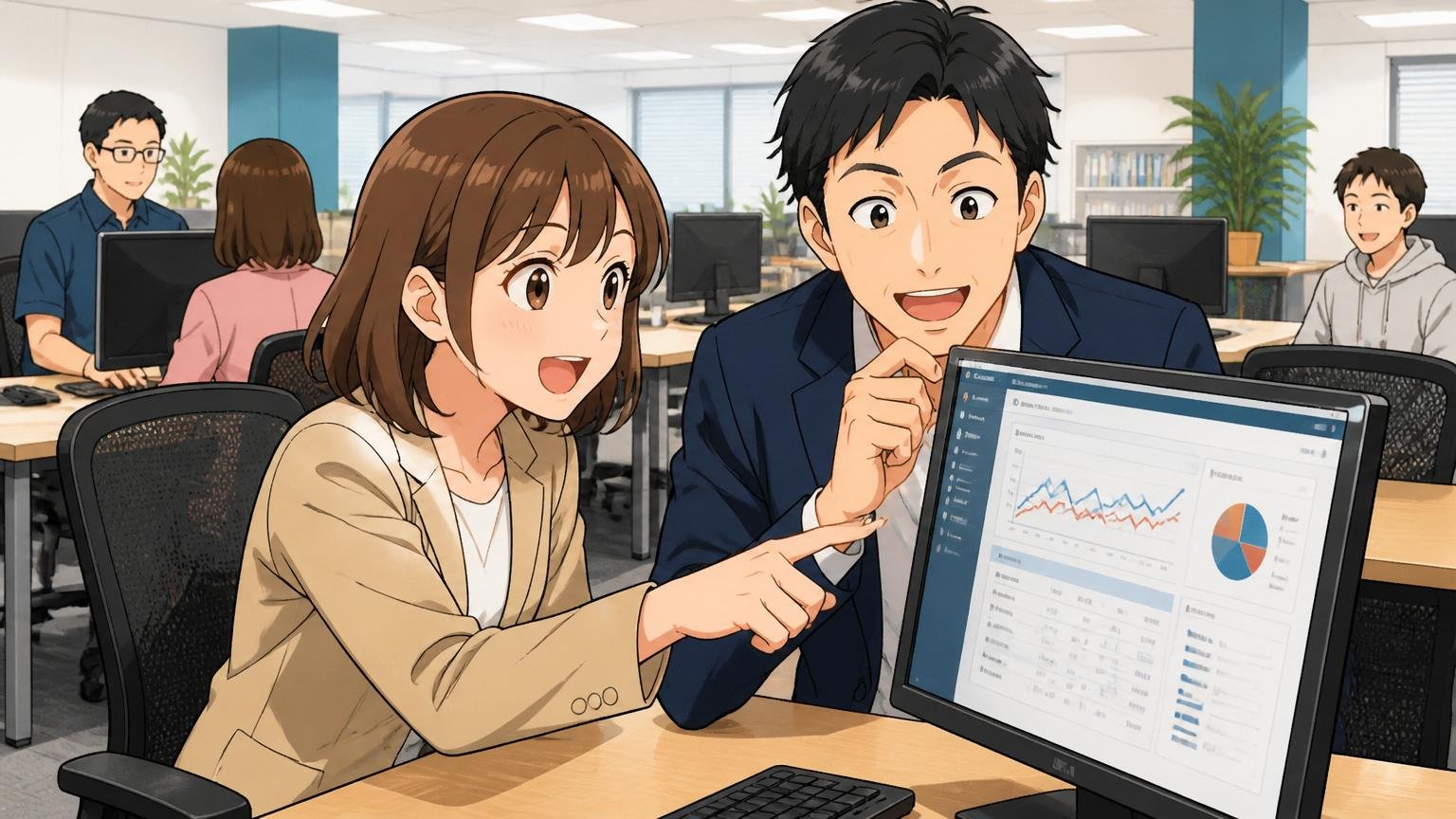 ITトレンドを運営している会社と同じ、Web系オフィスで30代女性マーケターと男性営業がITトレンドの管理画面を見ながら説明する場面