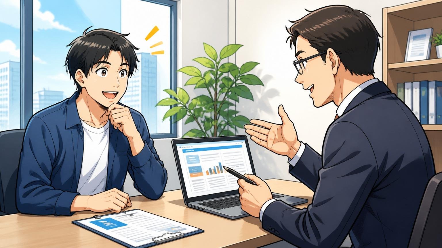 IT特化型転職エージェントに情報収集として無料相談する|転職エージェントのオフィス会議室で経験豊富なIT専門コンサルタントと話す30代男性エンジニア、希望の見える表情