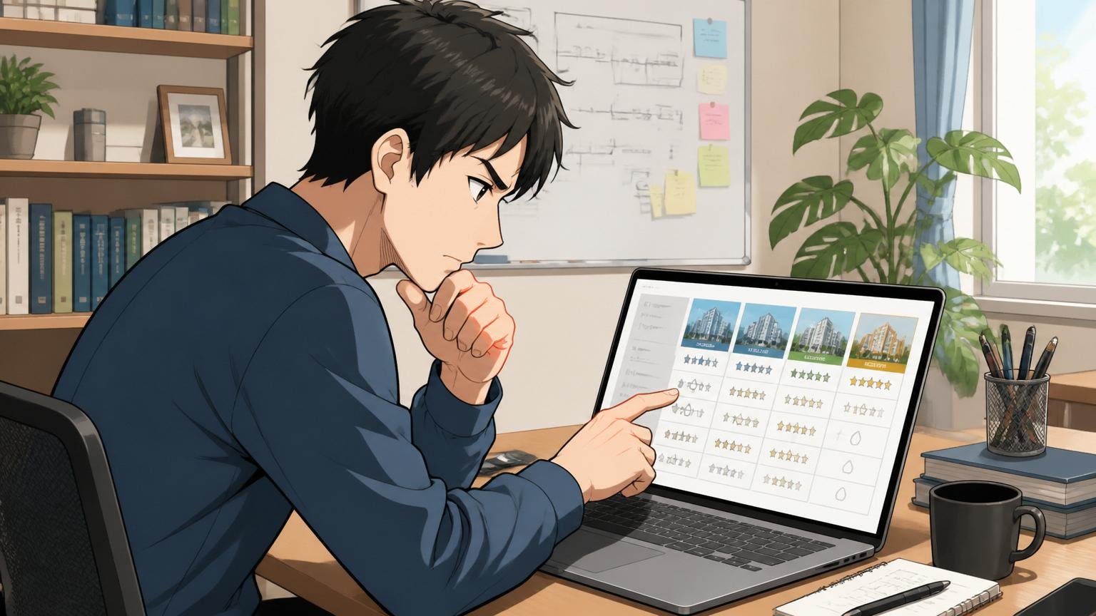 複数社比較を行うエンジニア、自宅のデスクで在宅勤務、1人がノートPCで複数の会社情報を並べて比較する真剣な表情