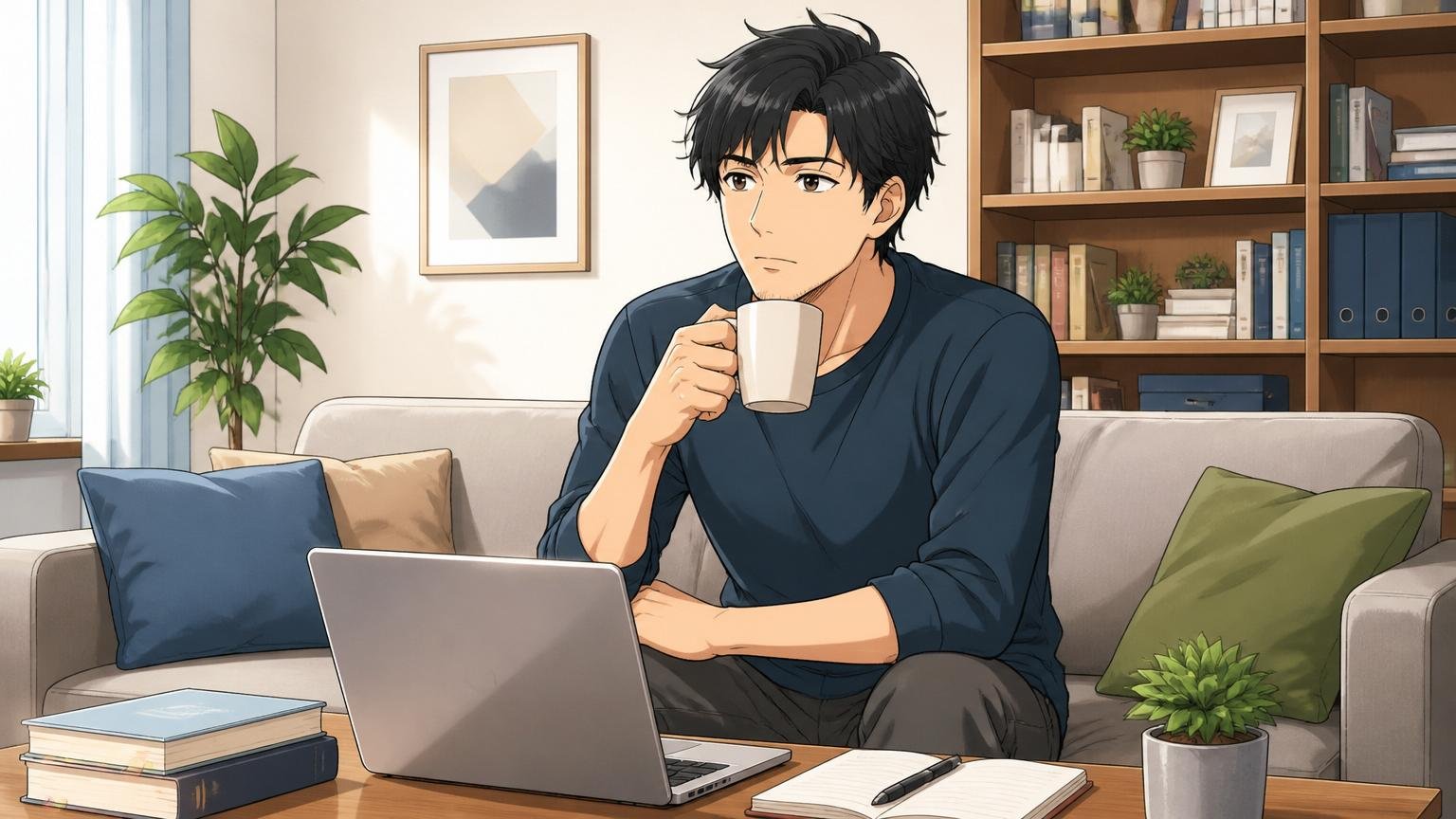 今すぐ辞めるべき 自宅のリビングで30代男性エンジニアが落ち着いた表情でコーヒーを飲みながら考える場面