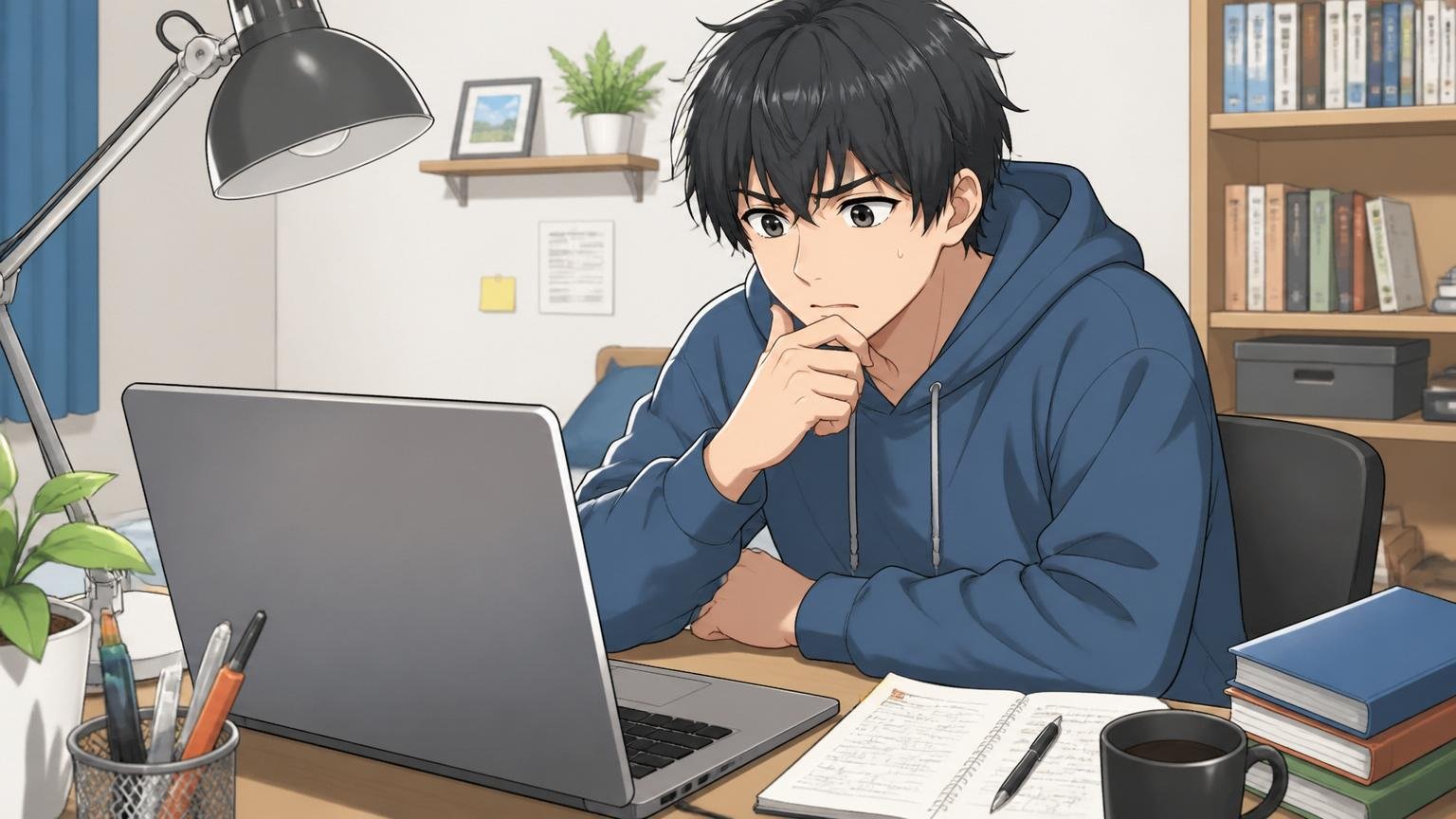 自宅のデスクでプログラミング学習サイトを見つめ少し不安な表情の20代男性