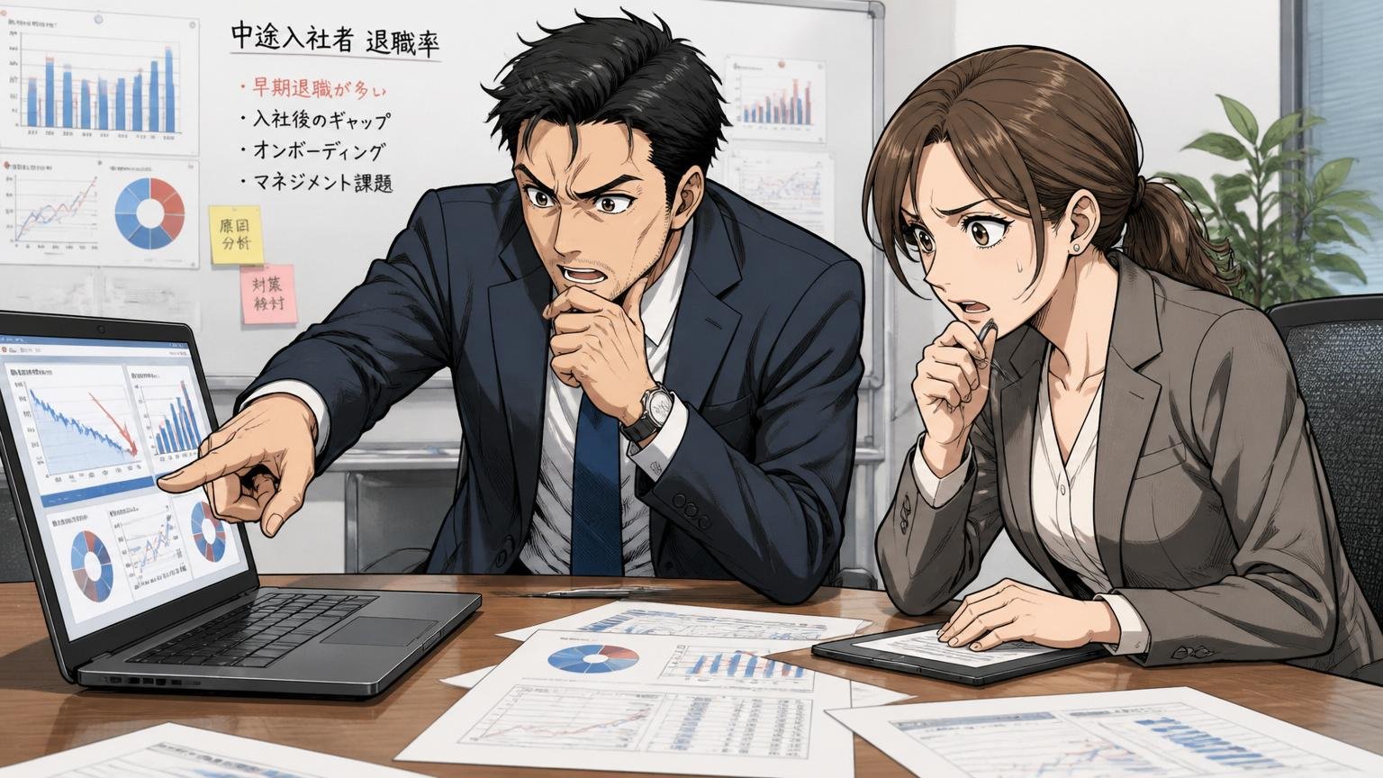 中途入社の退職率が高い、BtoB企業の会議室で30代男性役員と女性人事が退職データを真剣に分析する場面