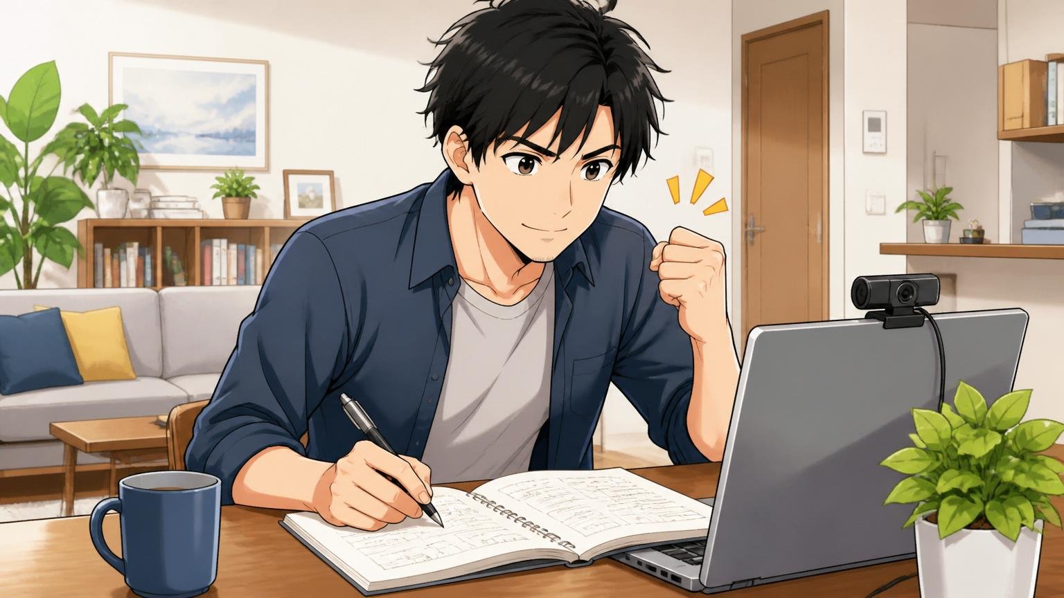 自宅のリビングで30代男性エンジニアがオンライン面談に向けてノートを開く、希望と決意の混じる表情