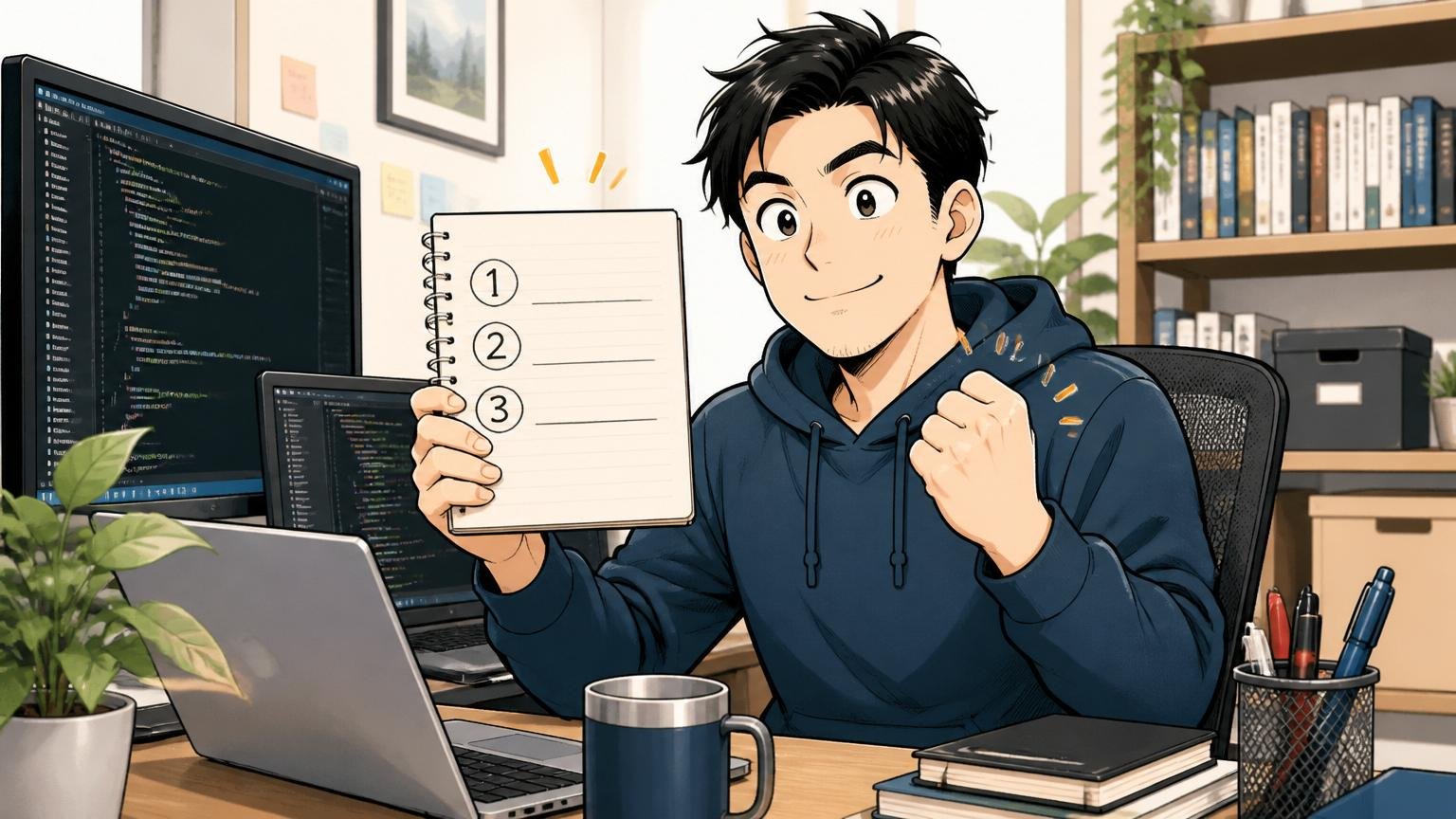 自宅のデスクで在宅勤務する30代エンジニアが、ノートに3つのポイントを書き出し満足げな表情を浮かべる