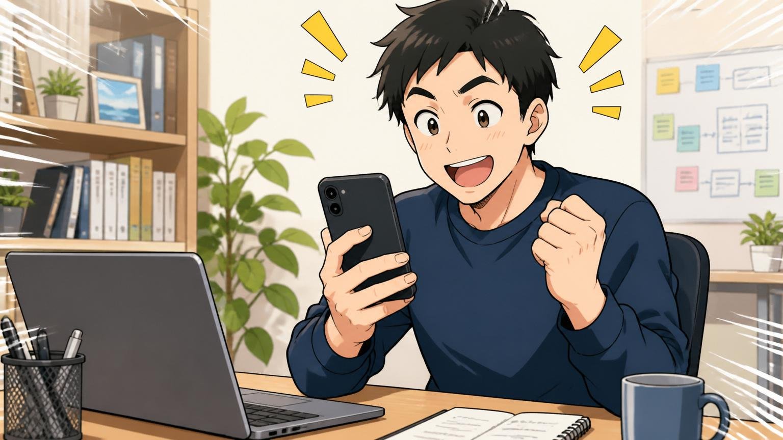 自宅のデスクで在宅勤務 スマートフォン片手にIT転職エージェントへ相談予約をする30代男性エンジニアが希望の表情