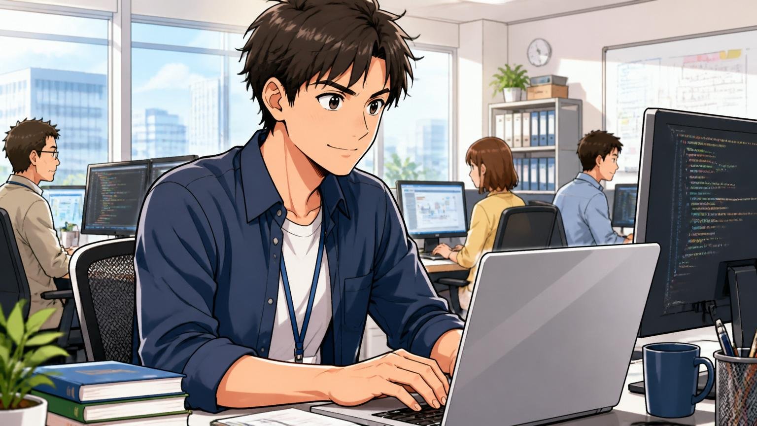 朝日の差し込むオフィスで前向きな表情でPCに向かう30代の男性エンジニア