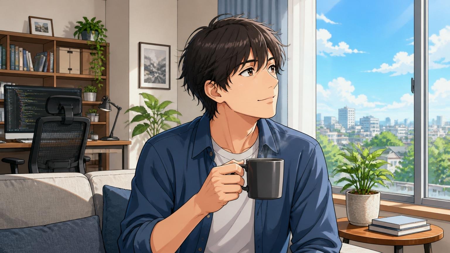自宅のリビングの窓際で、30代男性エンジニアがコーヒーを片手に少し前向きな表情で外を眺める場面