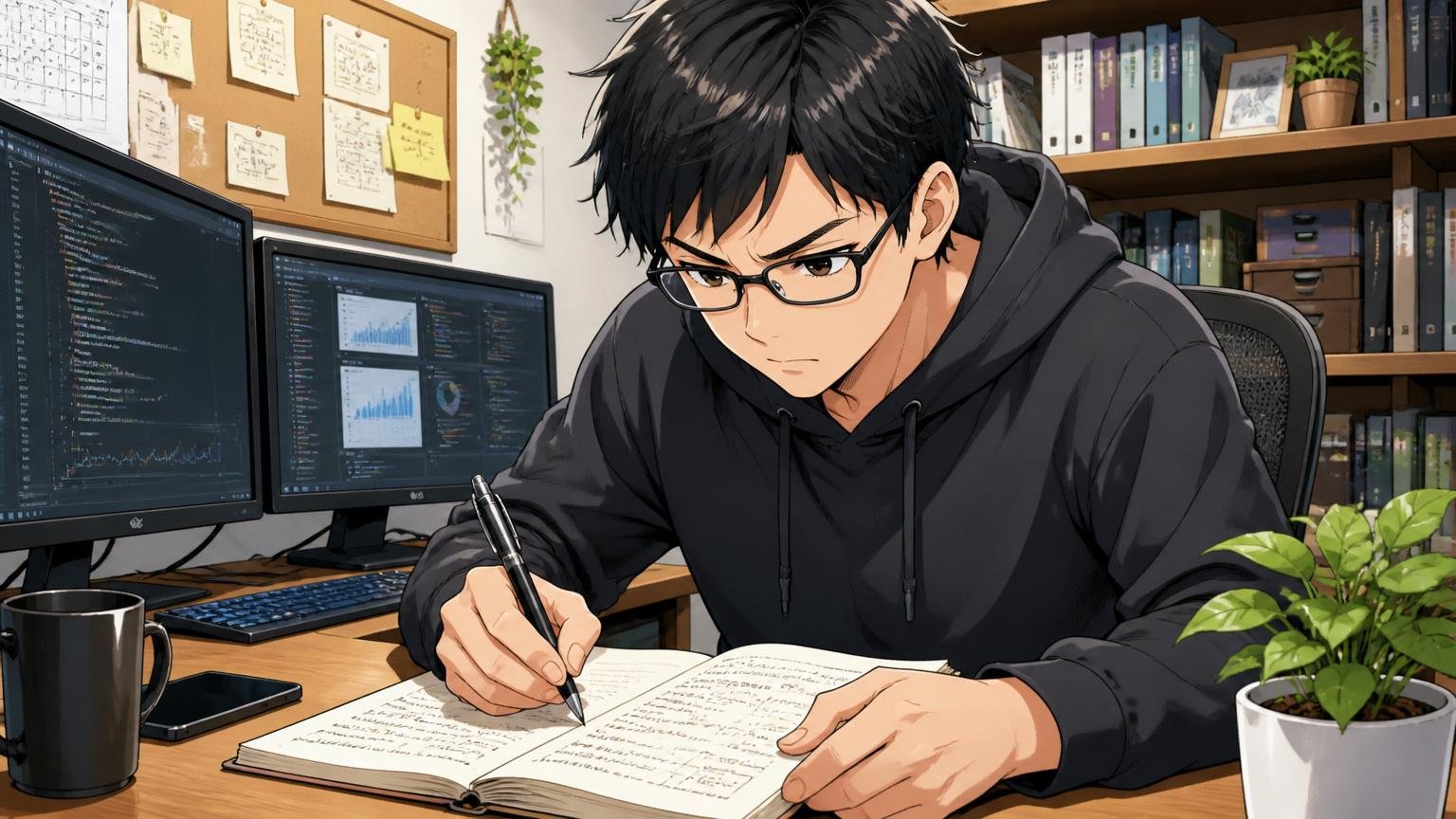 落ちた事実をデータとして記録する 自宅のデスクでノートに記録するITエンジニア1人 集中した表情