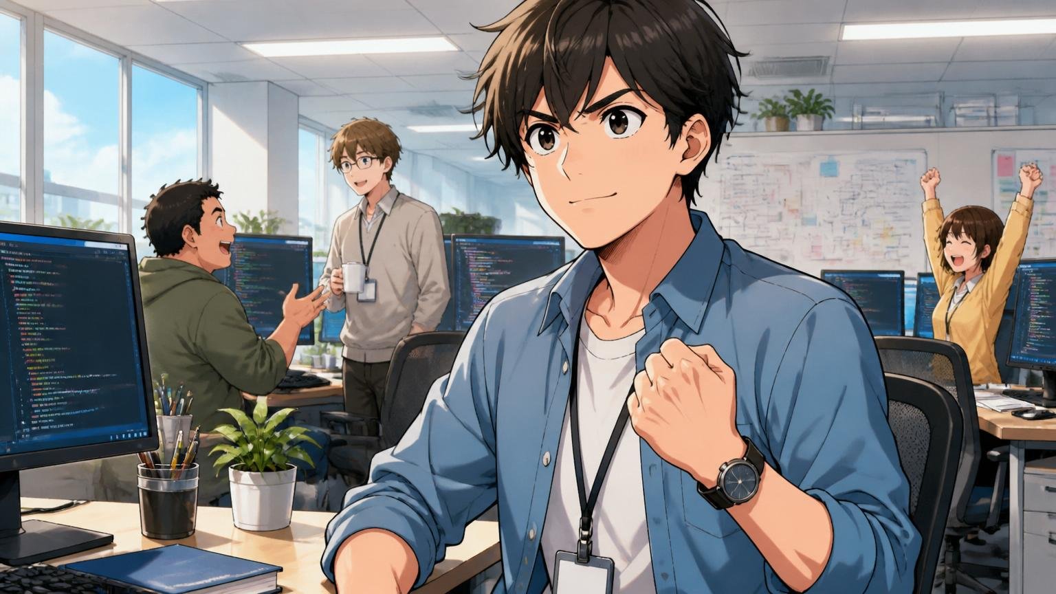 朝のオフィスで前を向き次の一歩を決意した晴れやかな男性エンジニア1人
