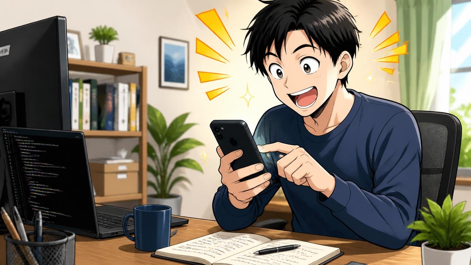 自宅デスクでスマホからエージェント無料相談を申し込むエンジニア1人