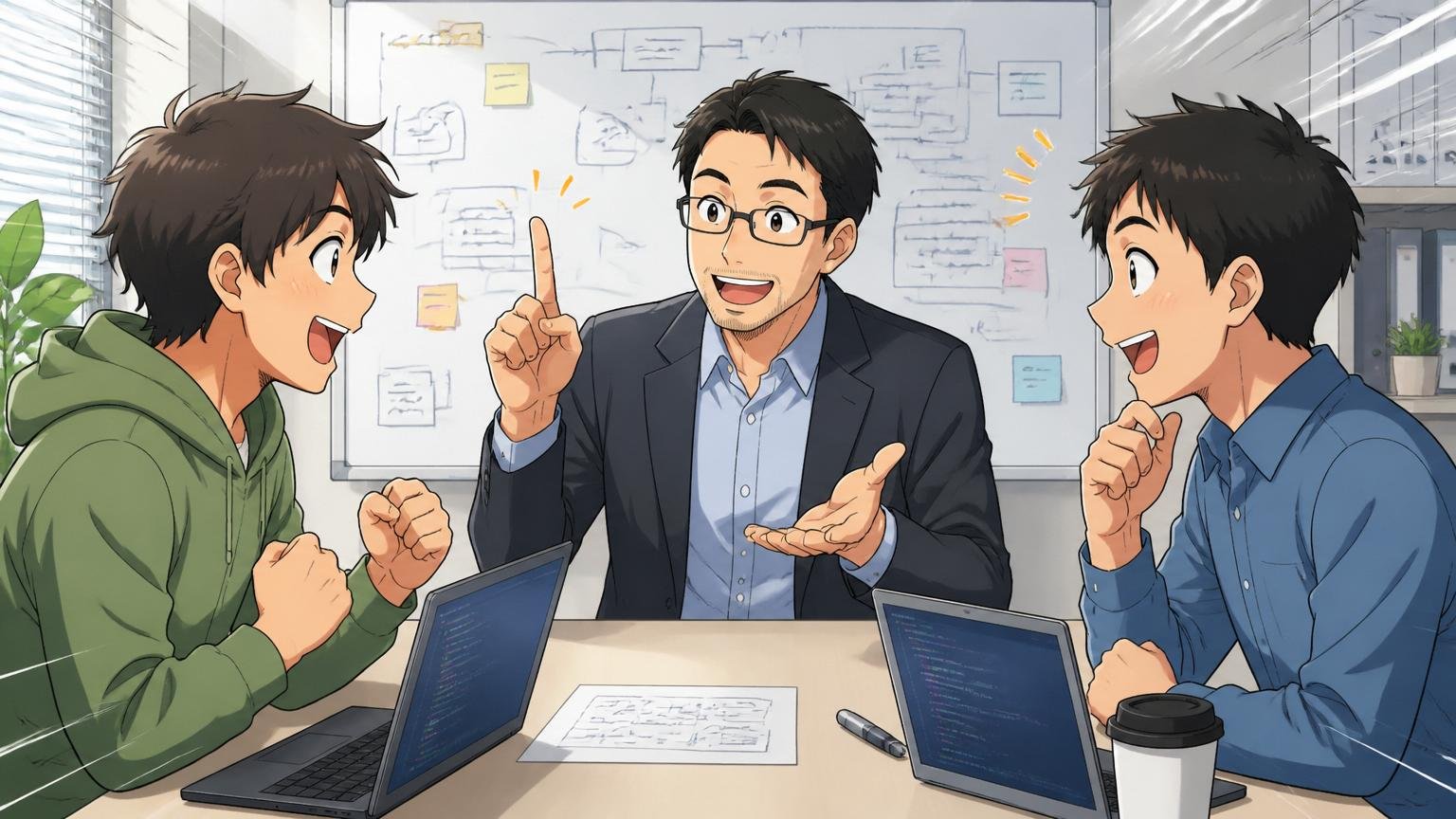 判断材料が揃えば不安は消える、IT企業の会議室でアドバイザーに相談するエンジニア2人