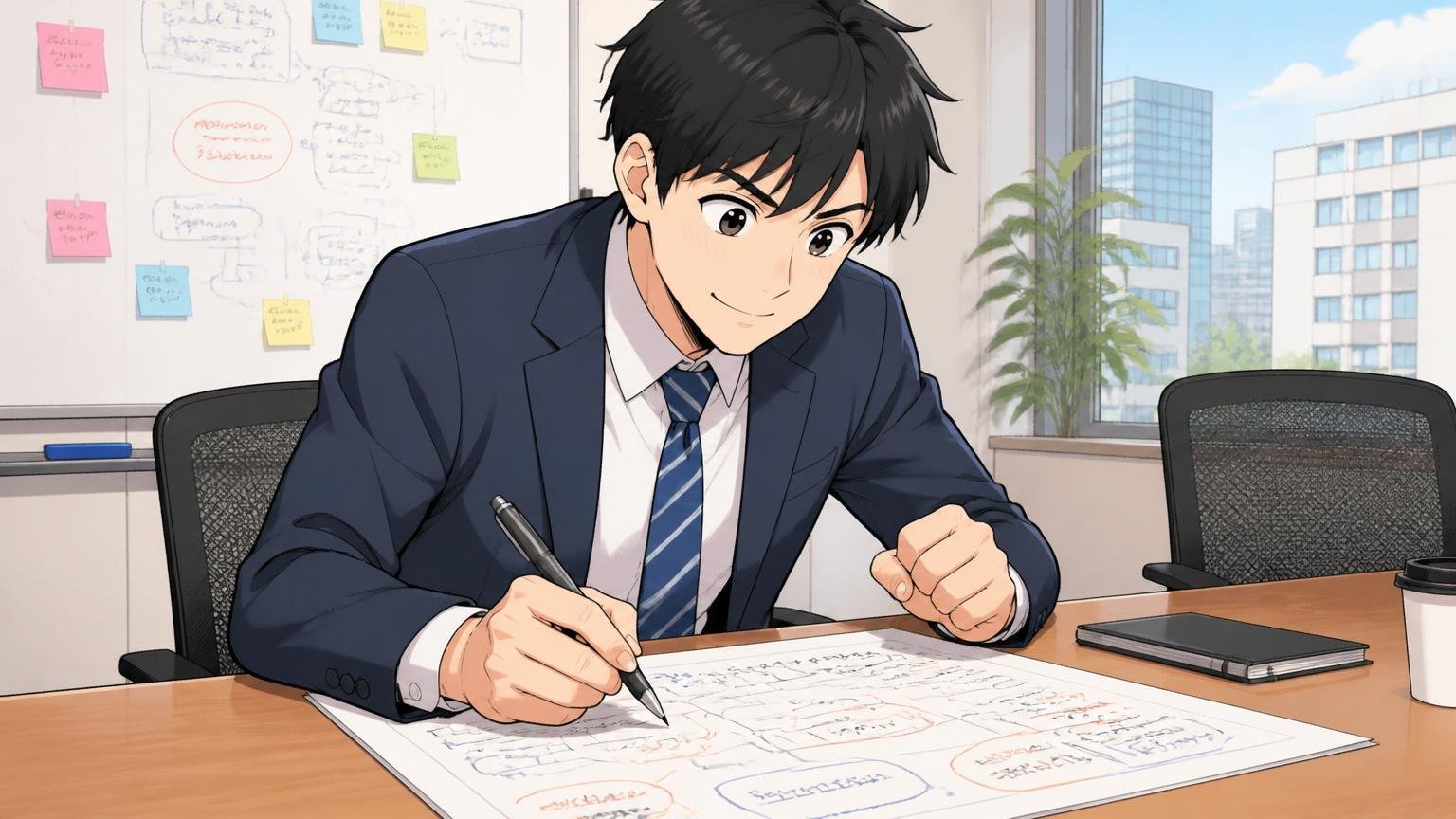 企業の会議室で転職希望者1人が考えを整理して紙に書き出し前向きな表情を見せる