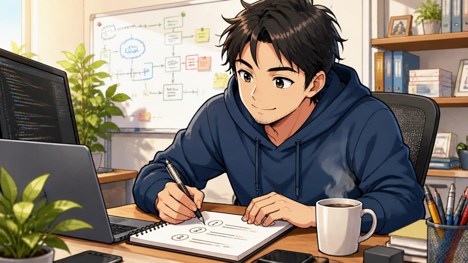 デスクで穏やかな表情でメモを書き留める30代エンジニア、3つの結論を整理し終えた清々しい表情、傍らに温かい飲み物。