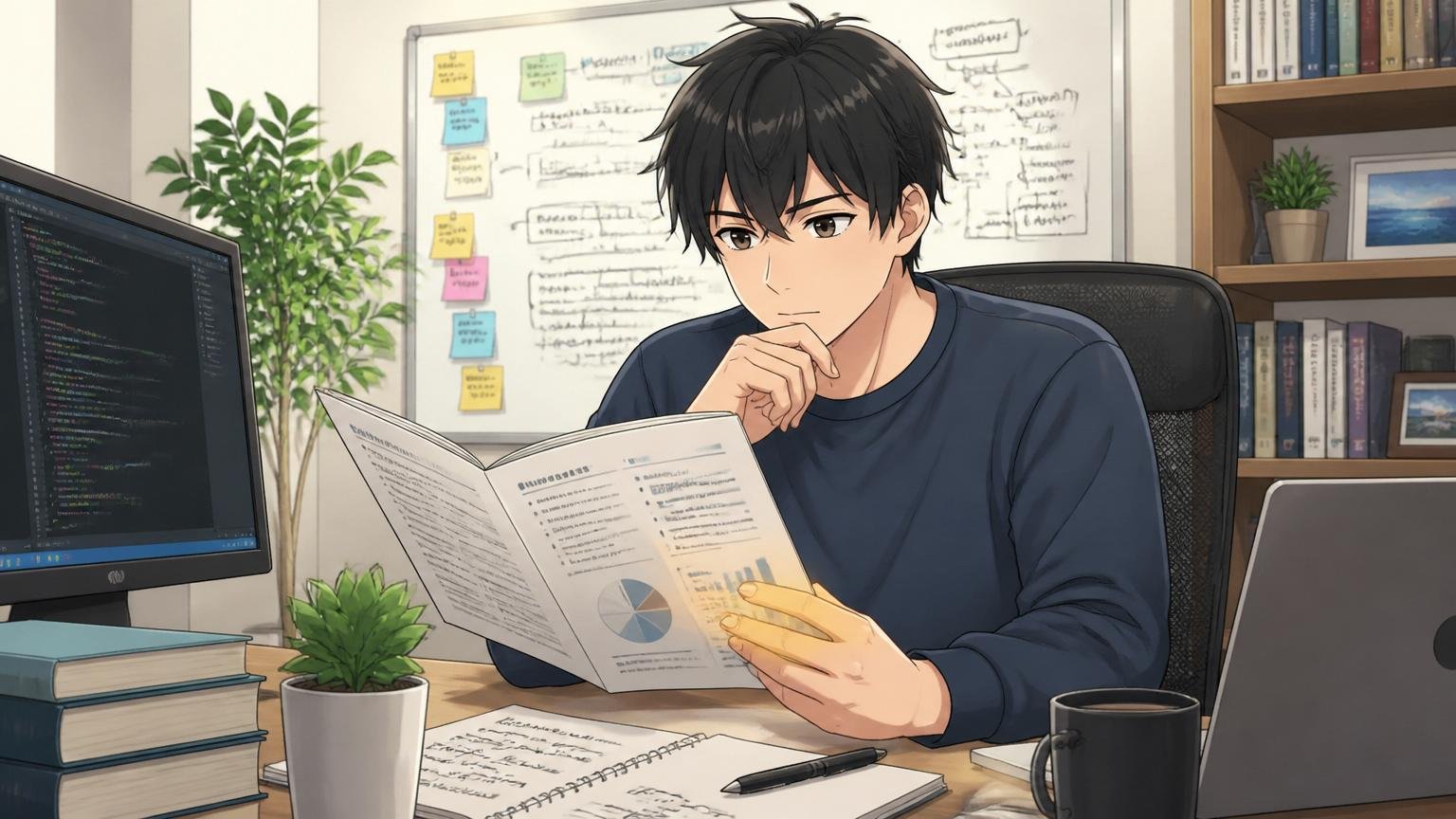 自宅のデスクで記事のまとめを読みながら判断軸を整理する20代後半のエンジニア1人が落ち着いた表情