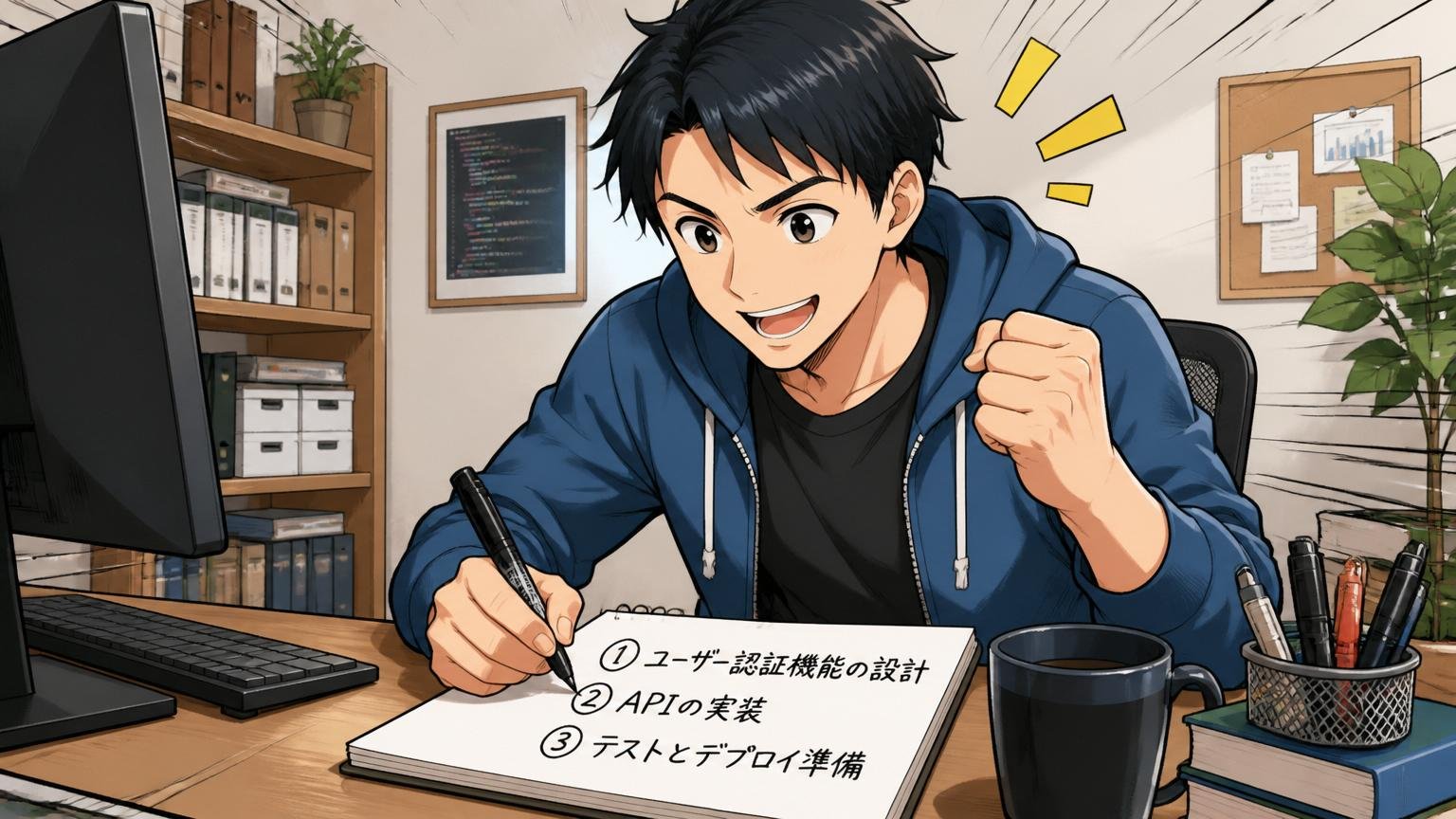 自宅のデスクで具体的な3つのアクションを書き出しながら前向きな表情で動き出す30代男性エンジニア1人