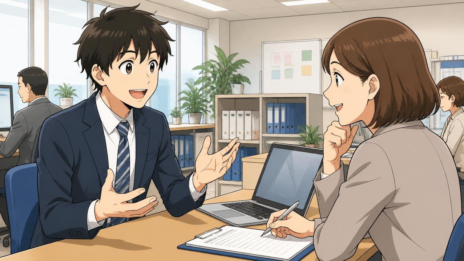 企業のオフィスで若手男性が採用担当の女性と向き合って相談している