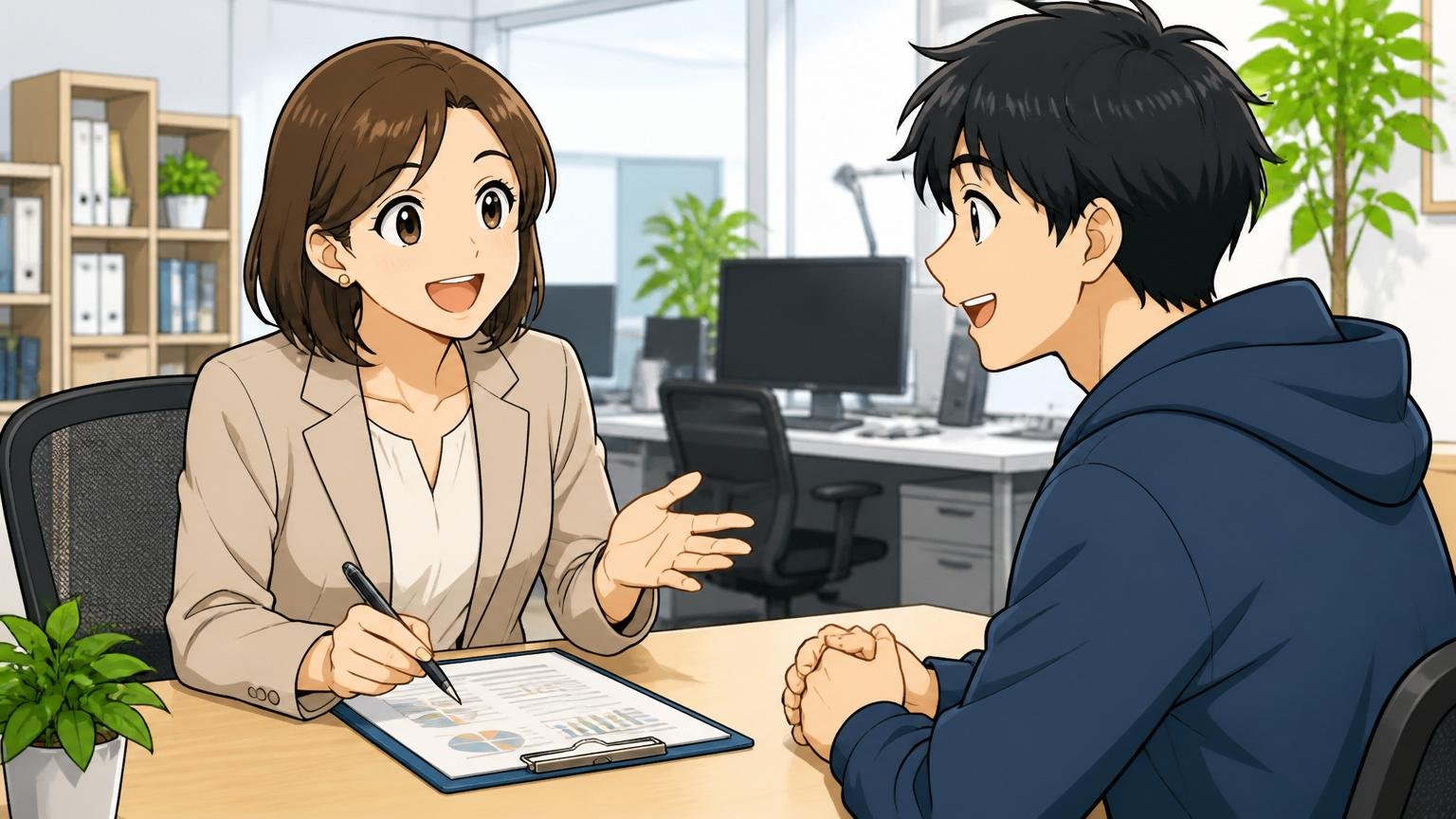 合う・合わないを冷静に判断するための無料相談先、企業のオフィスで30代女性アドバイザーと20代男性エンジニアが笑顔で面談する場面