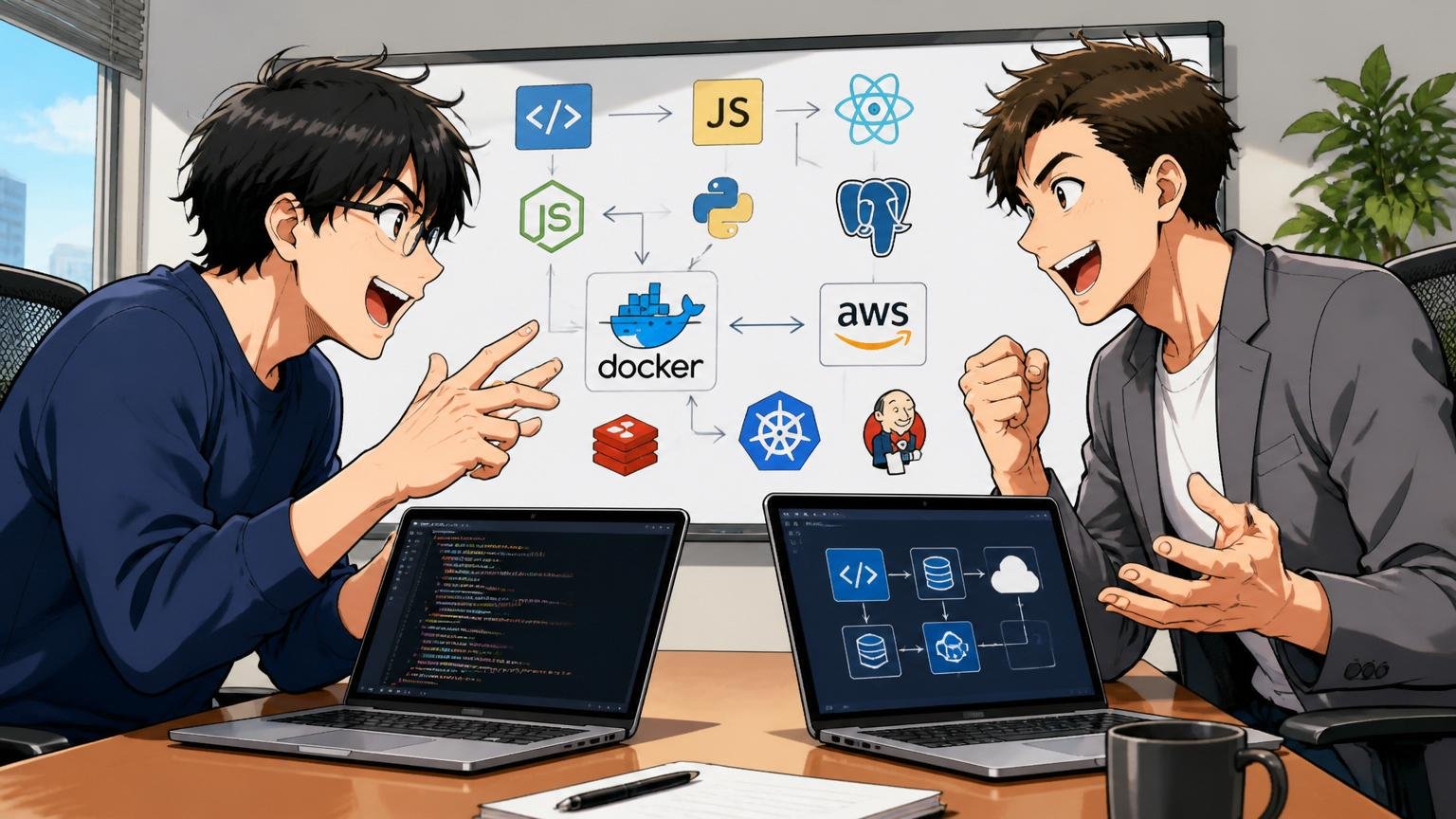 IT特化型エージェントの担当者と話すエンジニア、企業の会議室で2人がノートPC越しに技術スタックの話で盛り上がる活発な表情