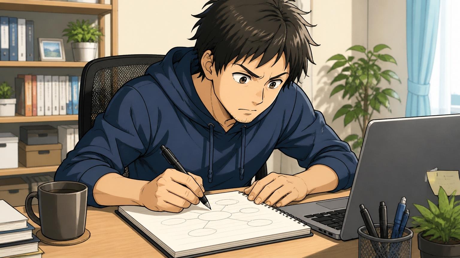 自宅のデスクで在宅勤務をしながらノートにキャリア軸を書き出している30代エンジニア1人