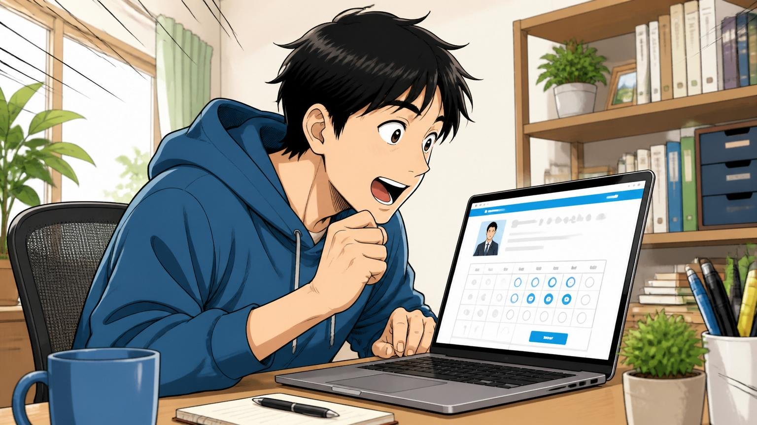 市場価値の棚卸しは早いほど得をする。自宅のデスクで在宅勤務中のITエンジニアが転職エージェントの面談予約画面を見つめるシーン