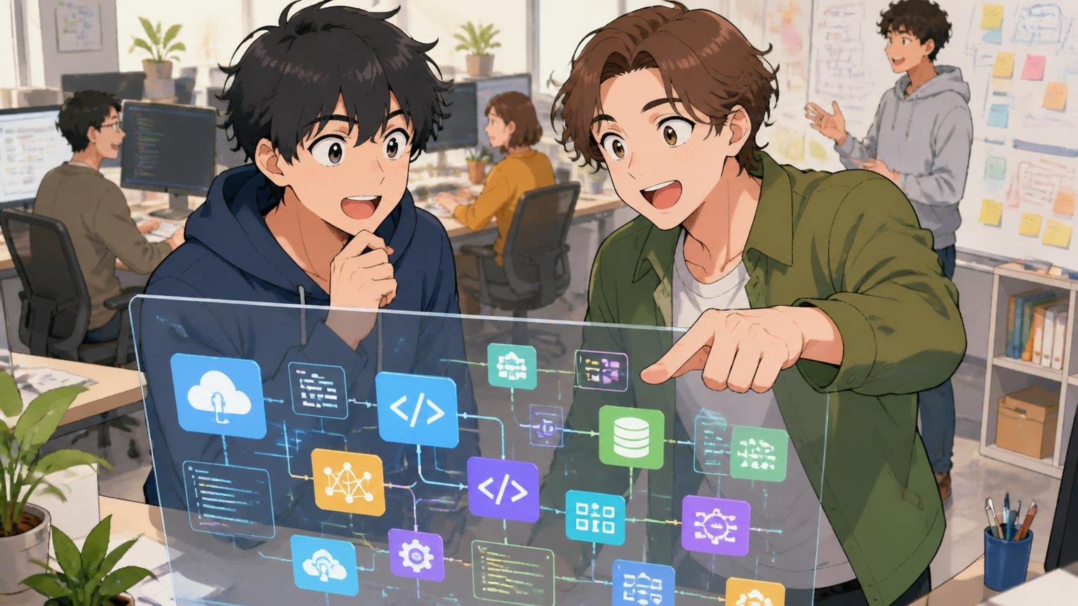 Web系スタートアップのエンジニアフロアでモダンな技術スタックの図を眺める20代男性エンジニア2人
