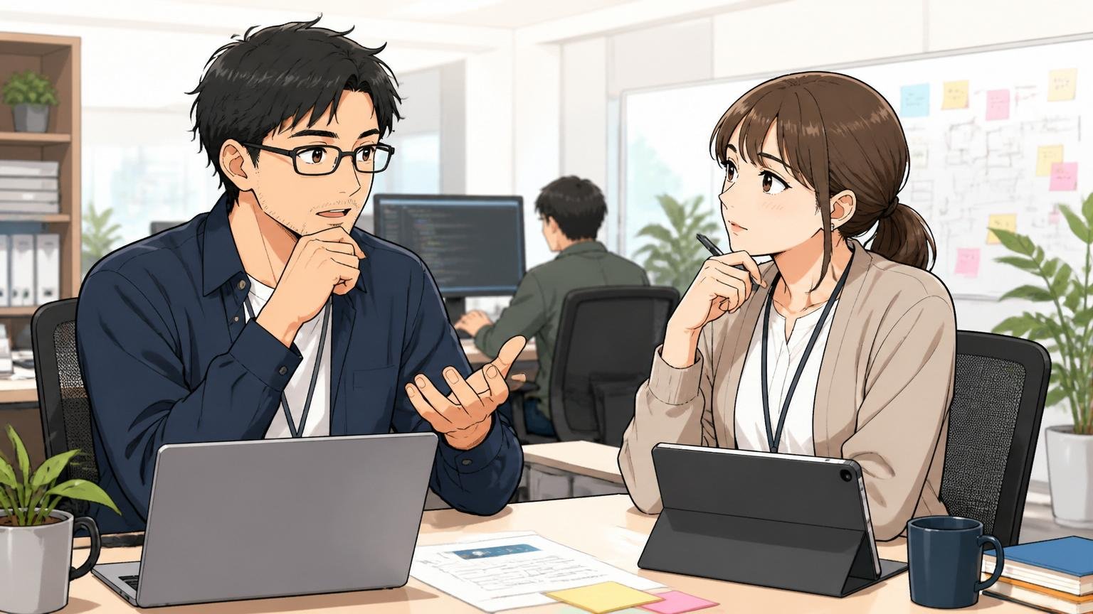 企業のオフィスで30代男性エンジニア1人と30代女性エンジニア1人が落ち着いた表情で自分のキャリア判断を語り合う