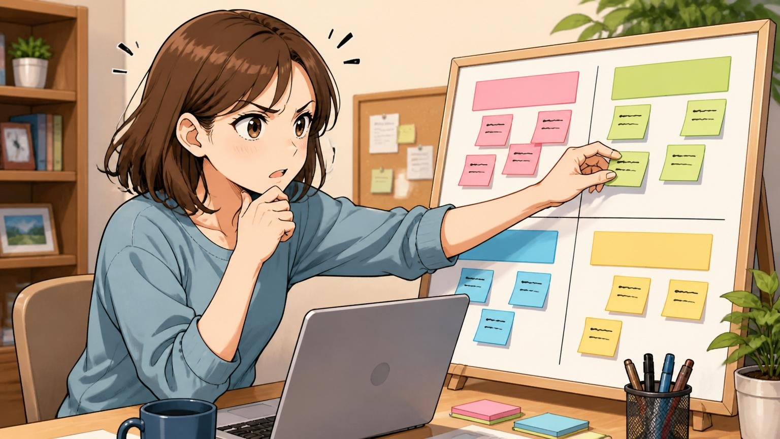 ステップ①自分の不安の正体を4分類で特定する。自宅のデスクで30代女性エンジニアが付箋を貼って分類する
