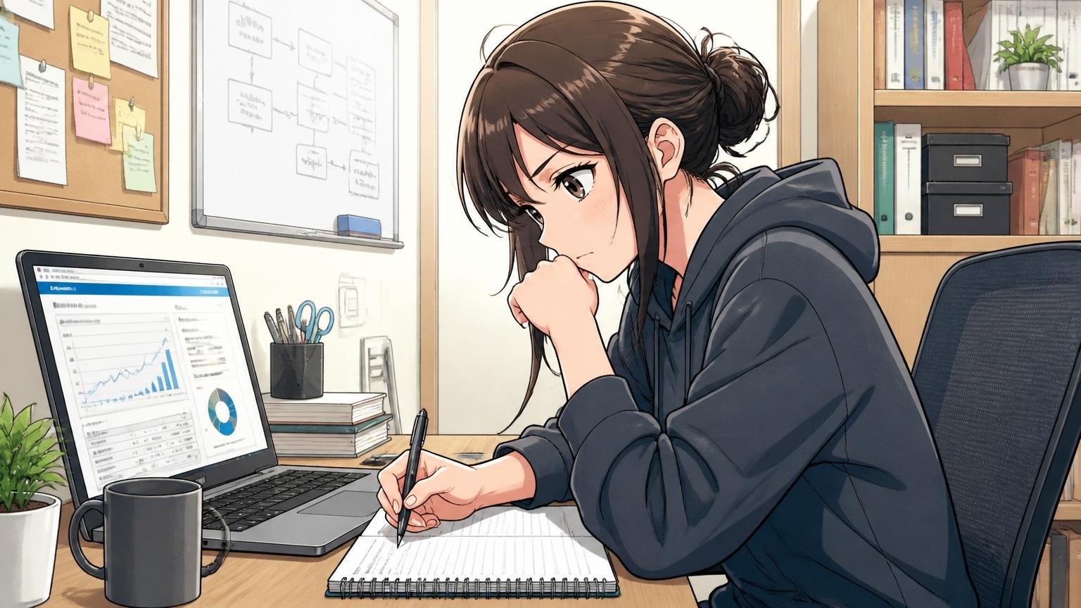 自宅の在宅勤務デスクでPCに公式IRページを開いてメモを取る30代女性エンジニア1名が集中する表情