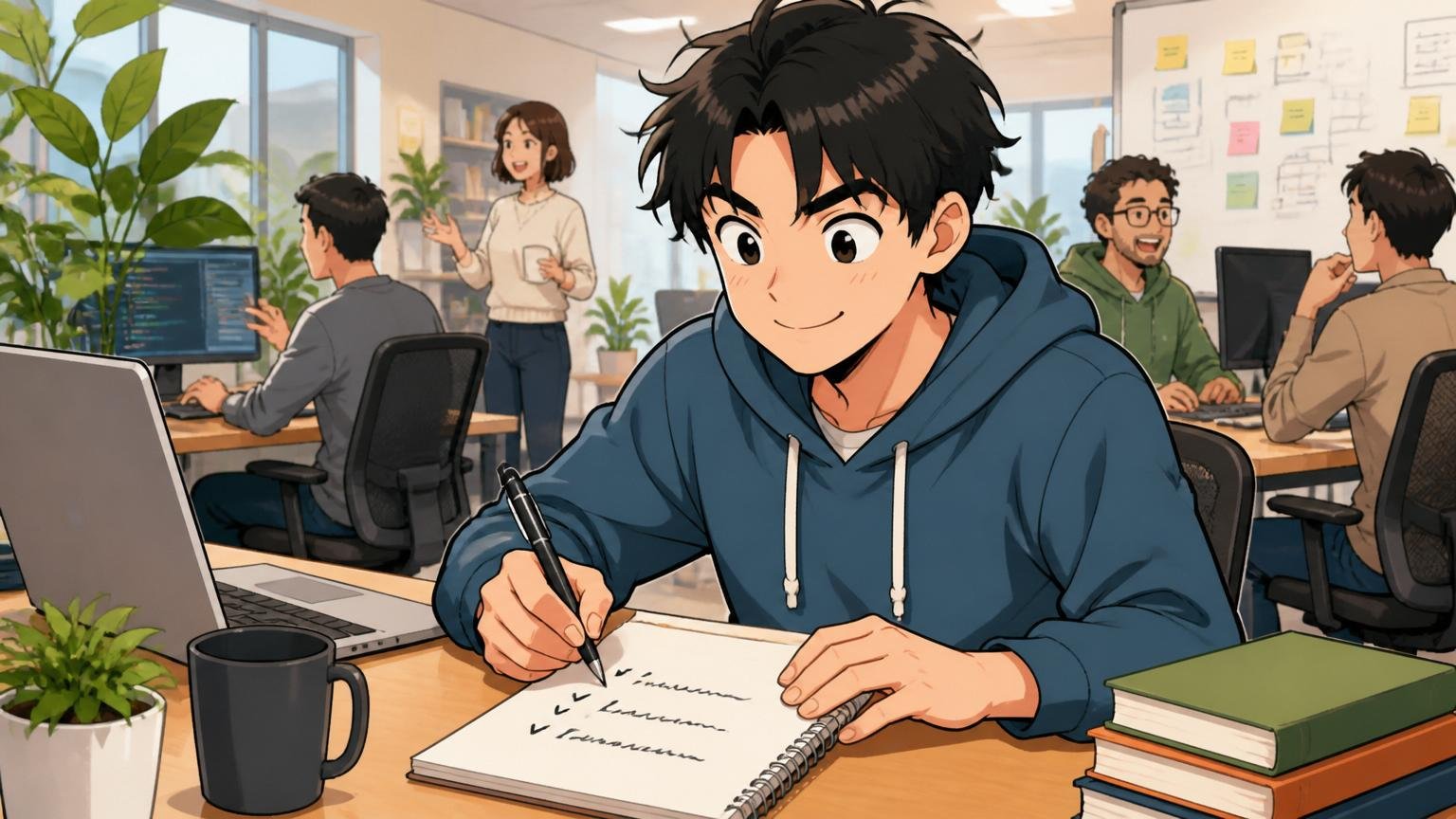 本日のおさらい3行。Web系スタートアップのオフィスで1人のエンジニアがノートにメモを取りながら満足げな表情