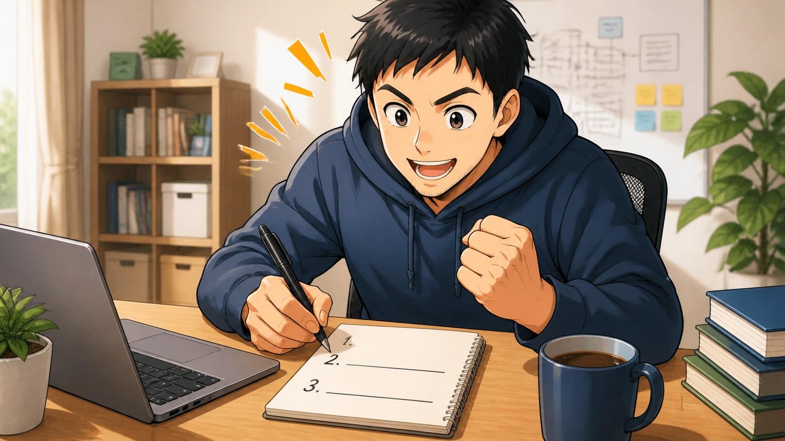 自宅のデスクで在宅勤務中の30代エンジニアがノートにキャリアの行動計画を3項目書き出している